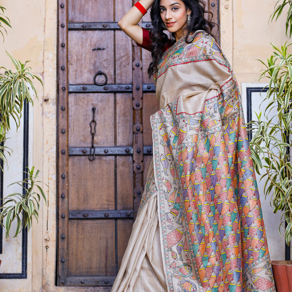 DIORAMA DESIGNS Beige - Madhubani Hand-Painted Matasya Tussar Silk Saree