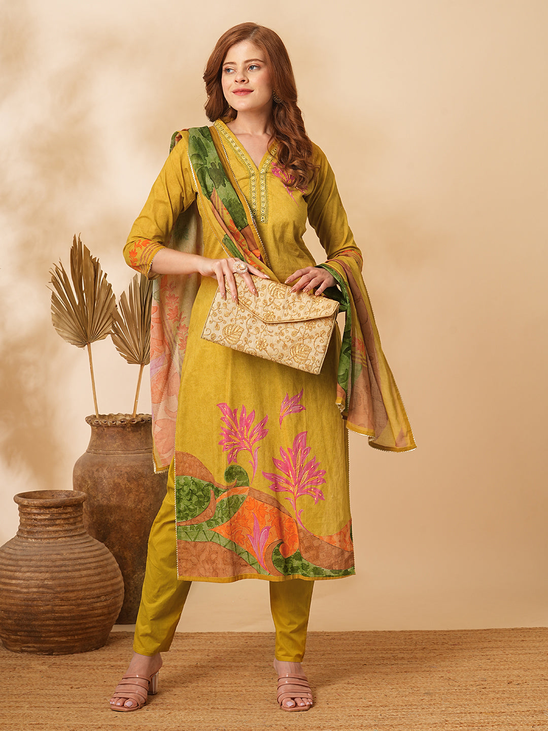 Fashor Floral Abstract Printed & Embroidered Straight Kurta with Pant & Dupatta - Mustard