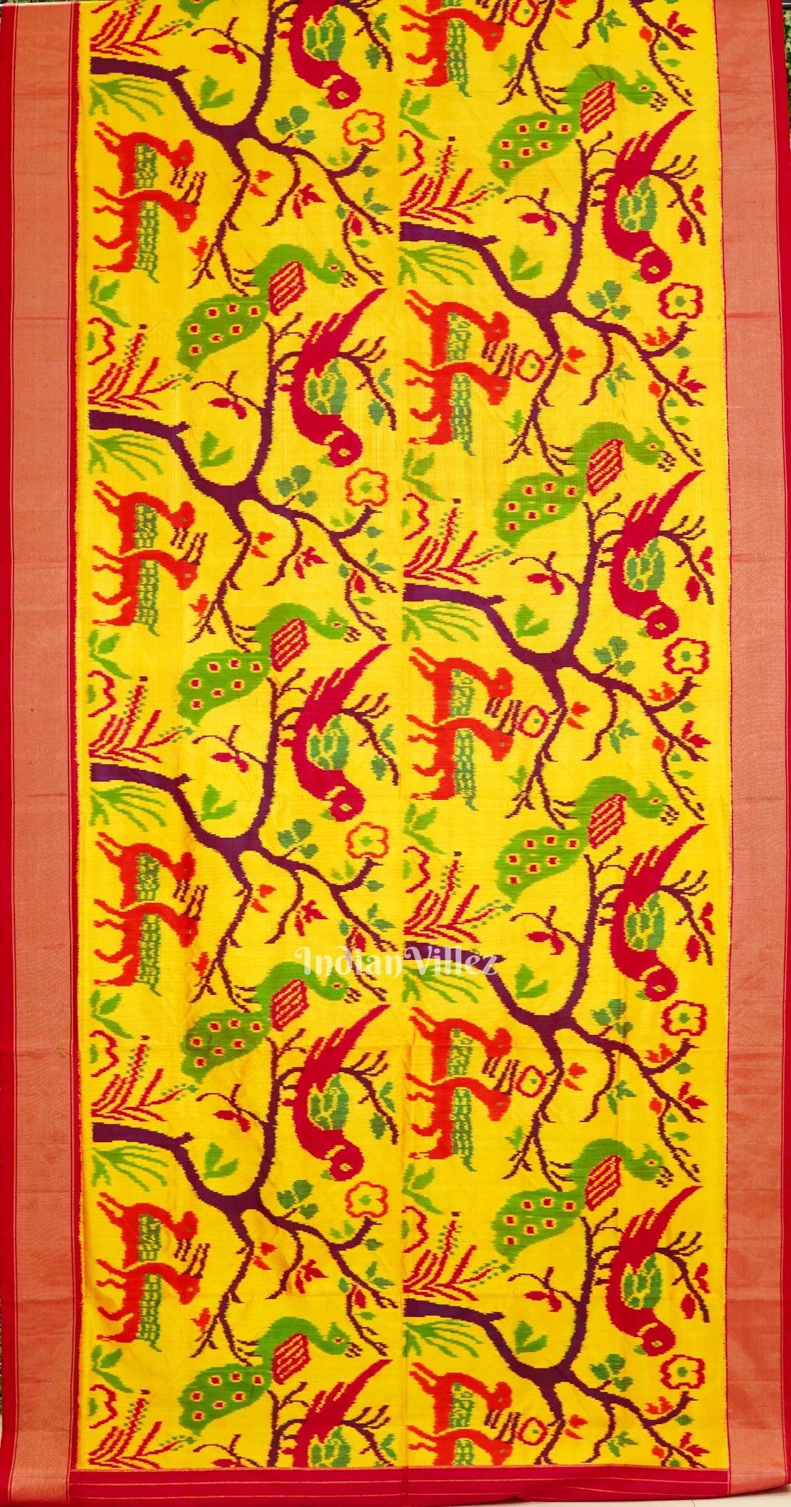 IndianVillèz Yellow Nature With Wildlife Design Pochampally Ikat Silk Saree - view 2