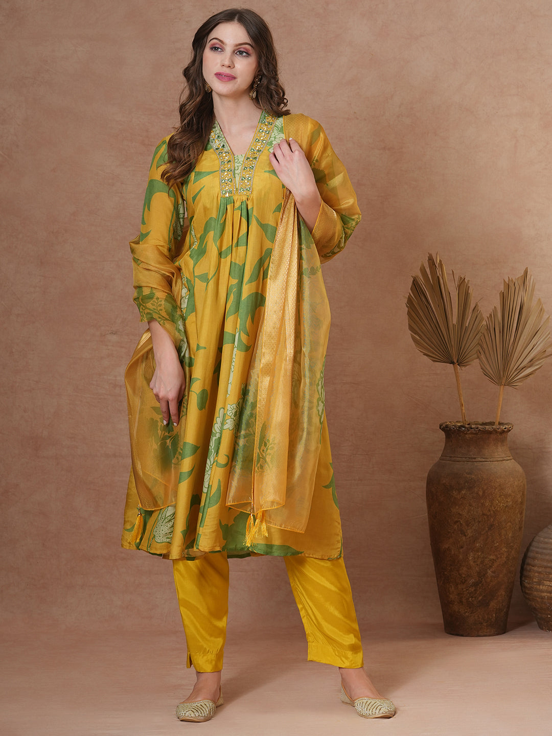 FASHOR Abstract Floral Printed & Hand Embroidered A-Line Kurta with Pant & Dupatta - Yellow