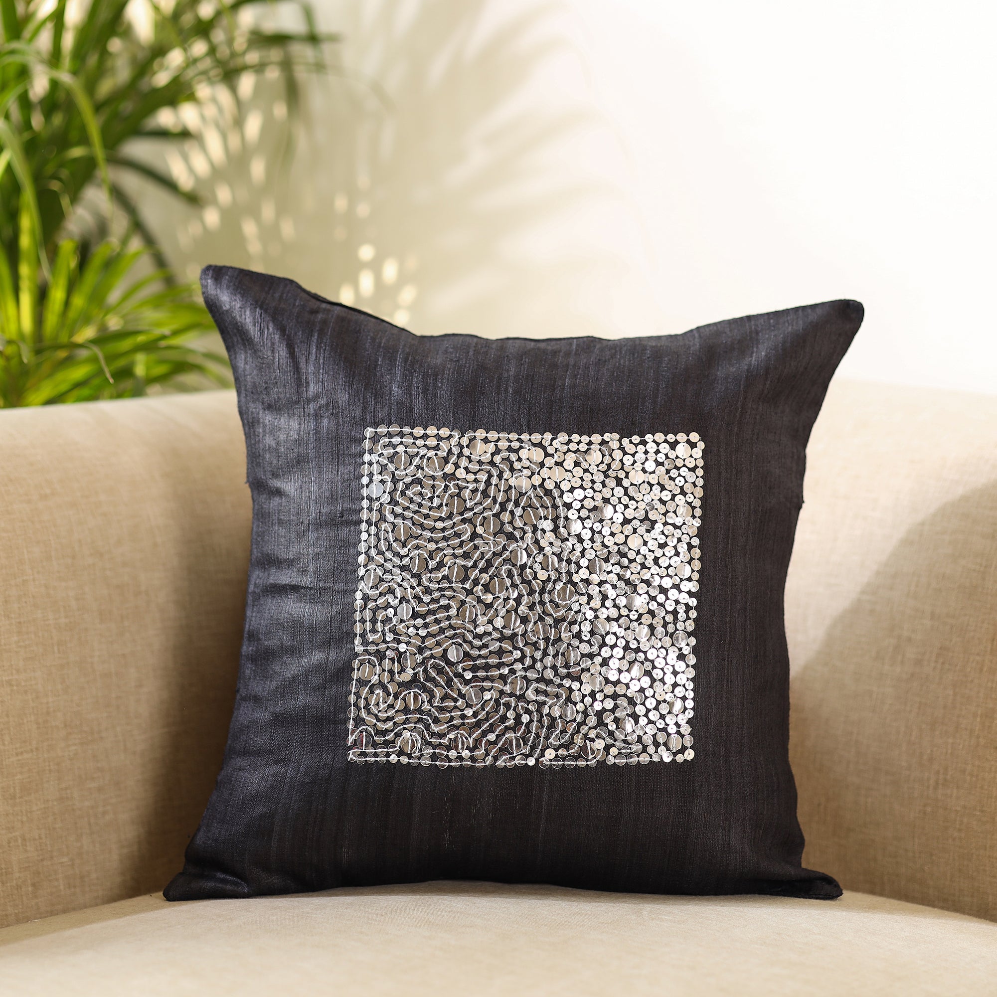 CHHATTISGARH HASTSHILP VIKAS BOARD Black - Aari Embroidery Sequin Work Ghicha Silk Cushion Cover (16 x 16 in)
