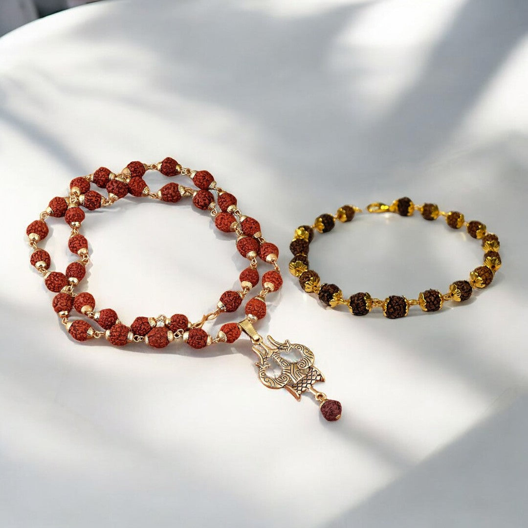Soultheory Rudraksha Bracelet Premium +Rudraksha Trishool Necklace (Combo)