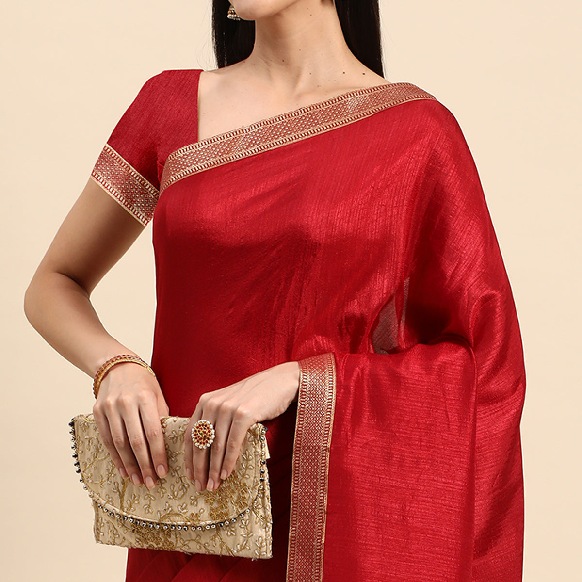 Peachmode Maroon Solid Vichitra Silk Saree With Fancy Zari Border - view 3