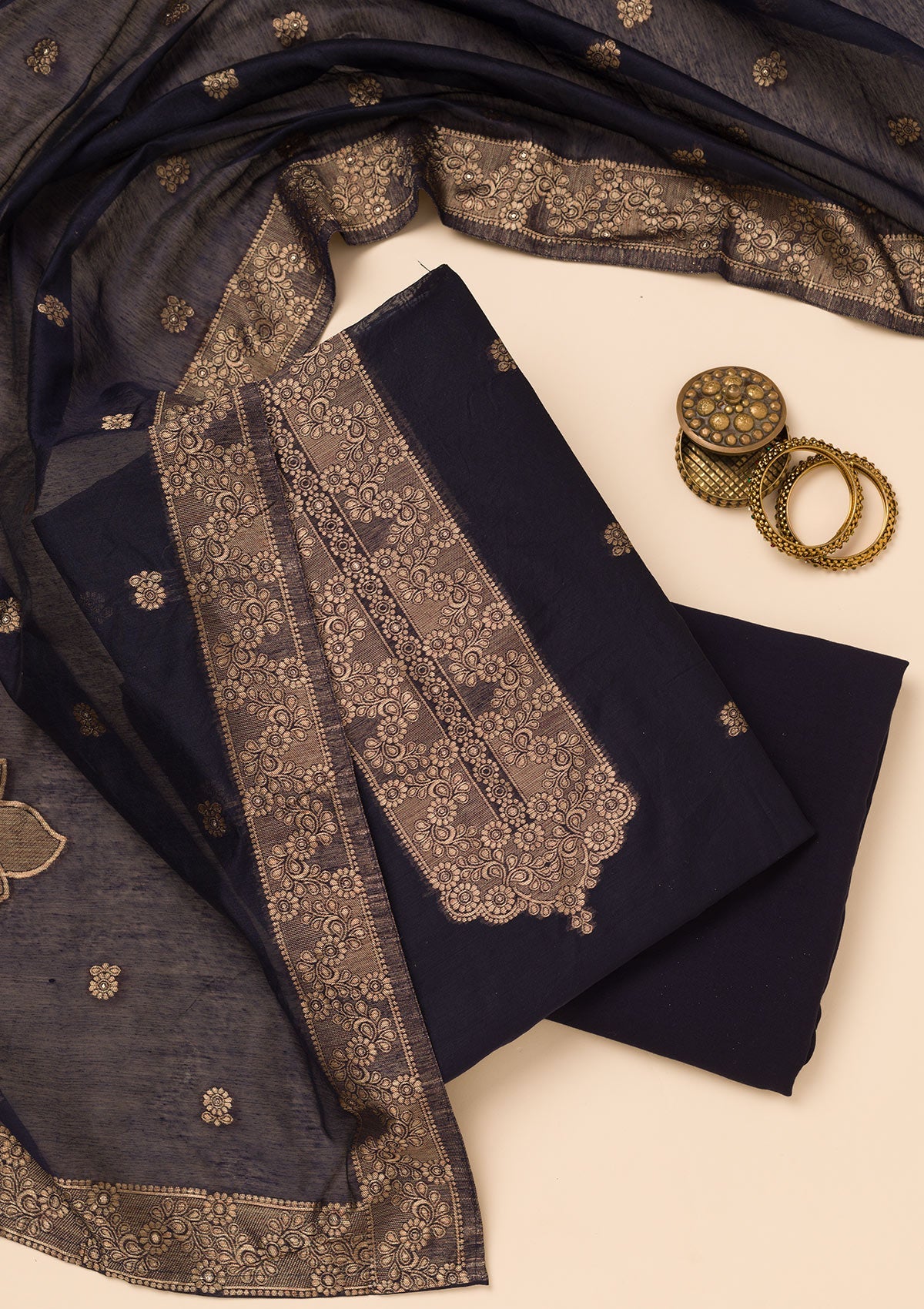 Koskii Navy Blue Zariwork Soft Silk Unstitched Salwar Suit