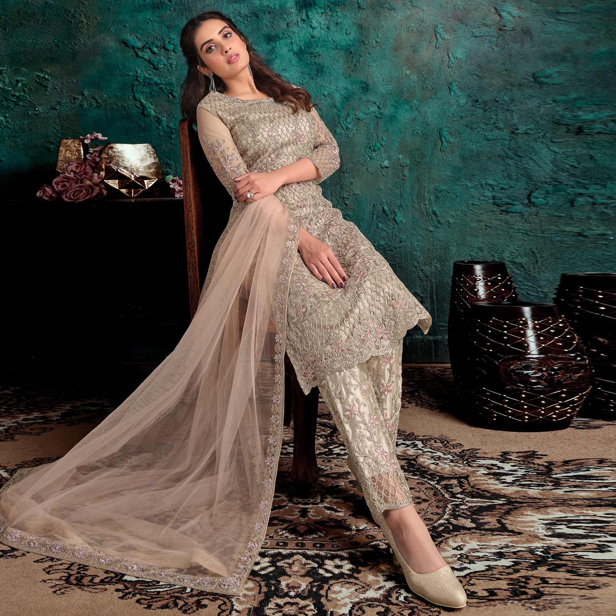 Peachmode Cream Floral Embroidered Work Net Pakistani Suit