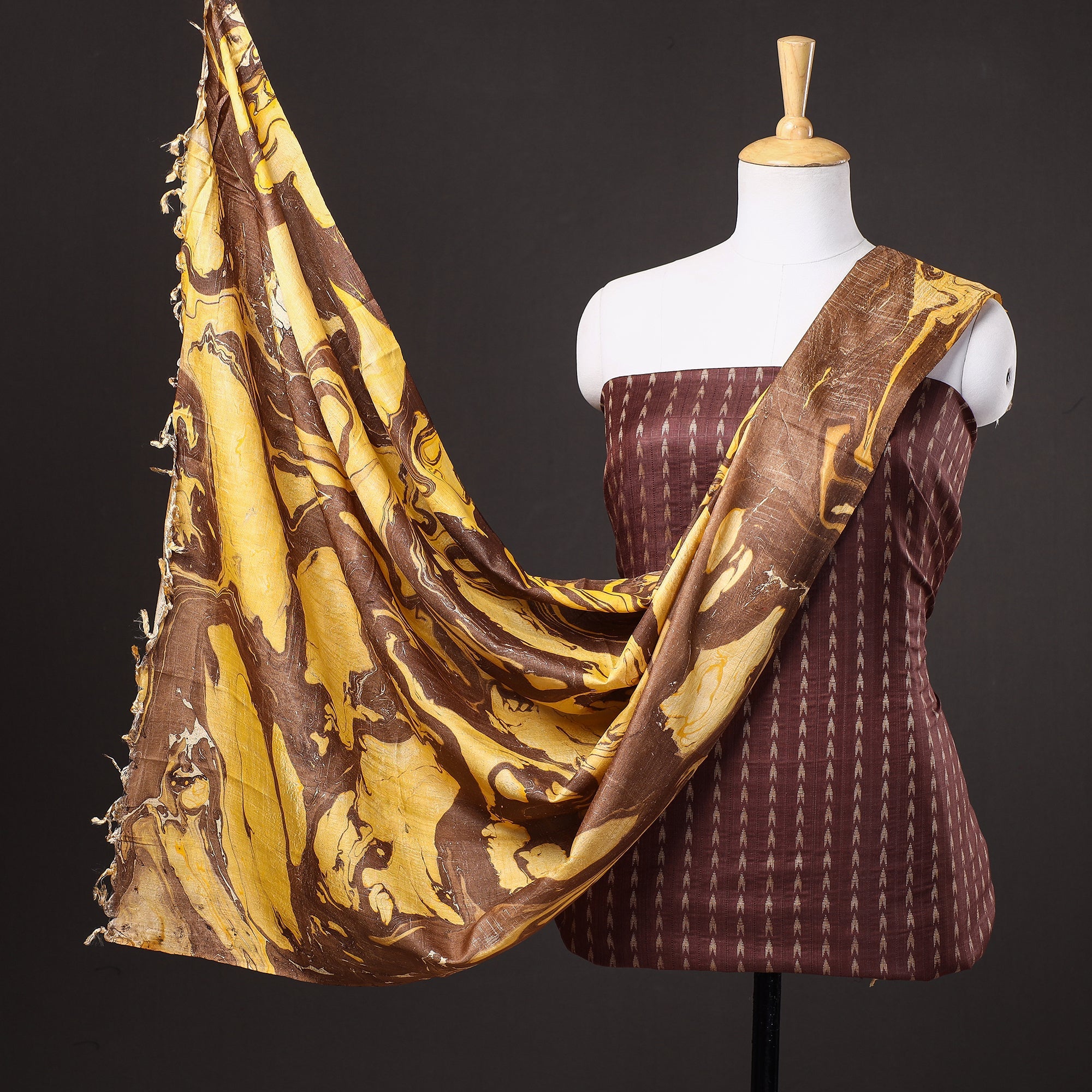 RUISA Brown - 3pc Handloom Mulberry Suit Material Set with Banana Silk Marble Printed Dupatta