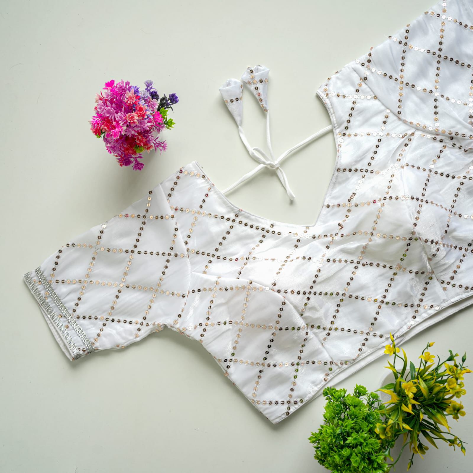 ClothsVilla White Metalic Jimmy Choo Blouse with Exquisite Sequence Embroidery