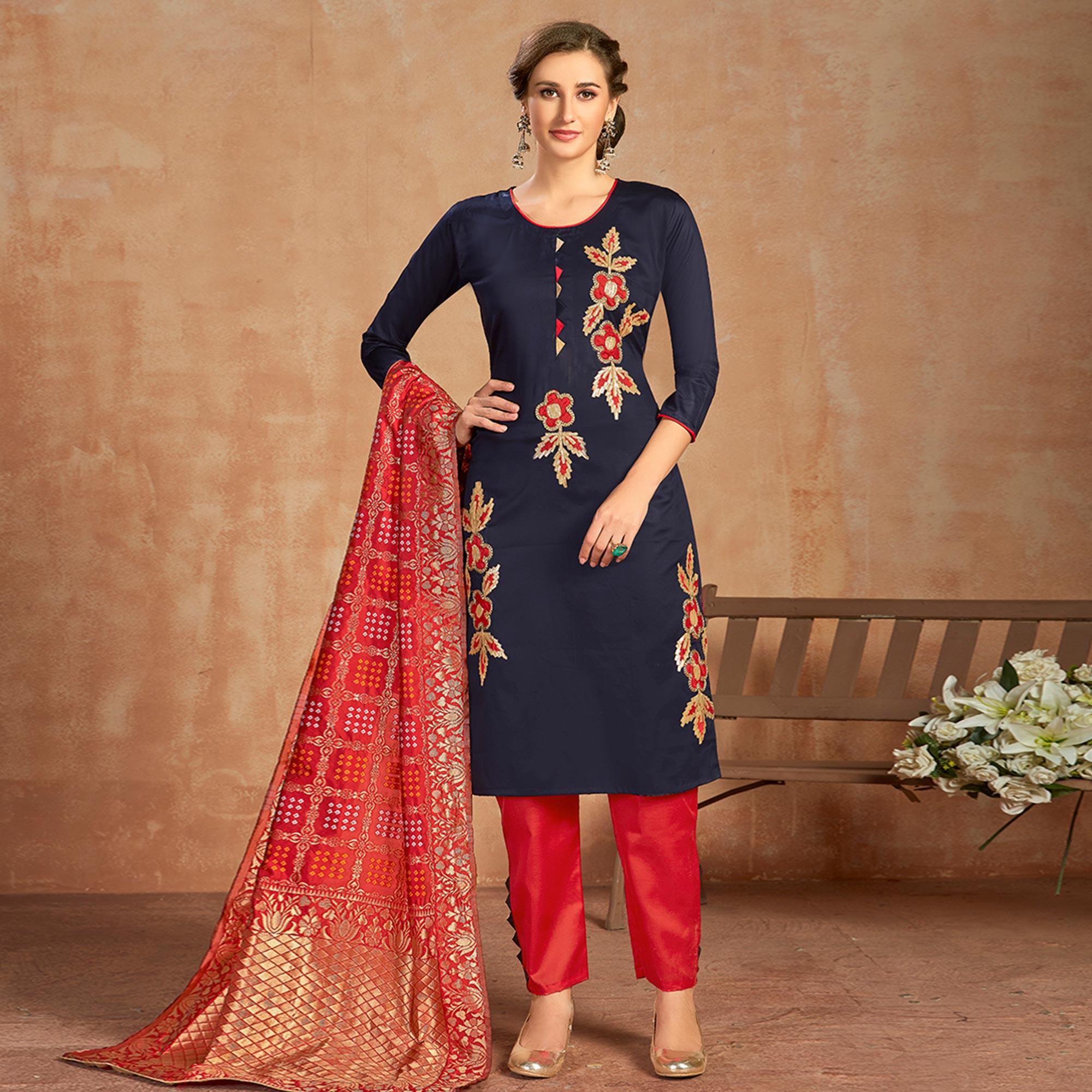 Peachmode Dazzling Navy Blue Colored Partywear Embroidered Pure Cotton Dress Material