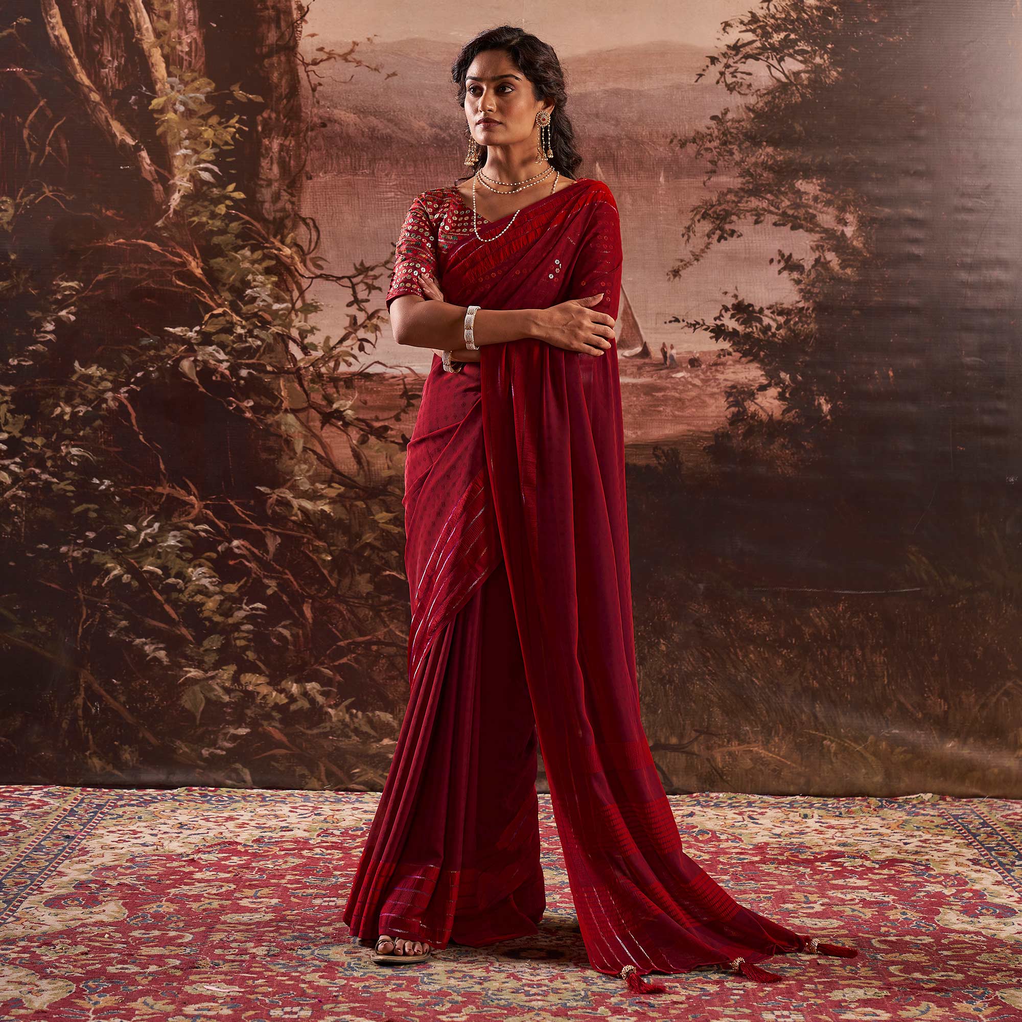 Peachmode Dark Maroon Woven Georgette Saree With Tassels