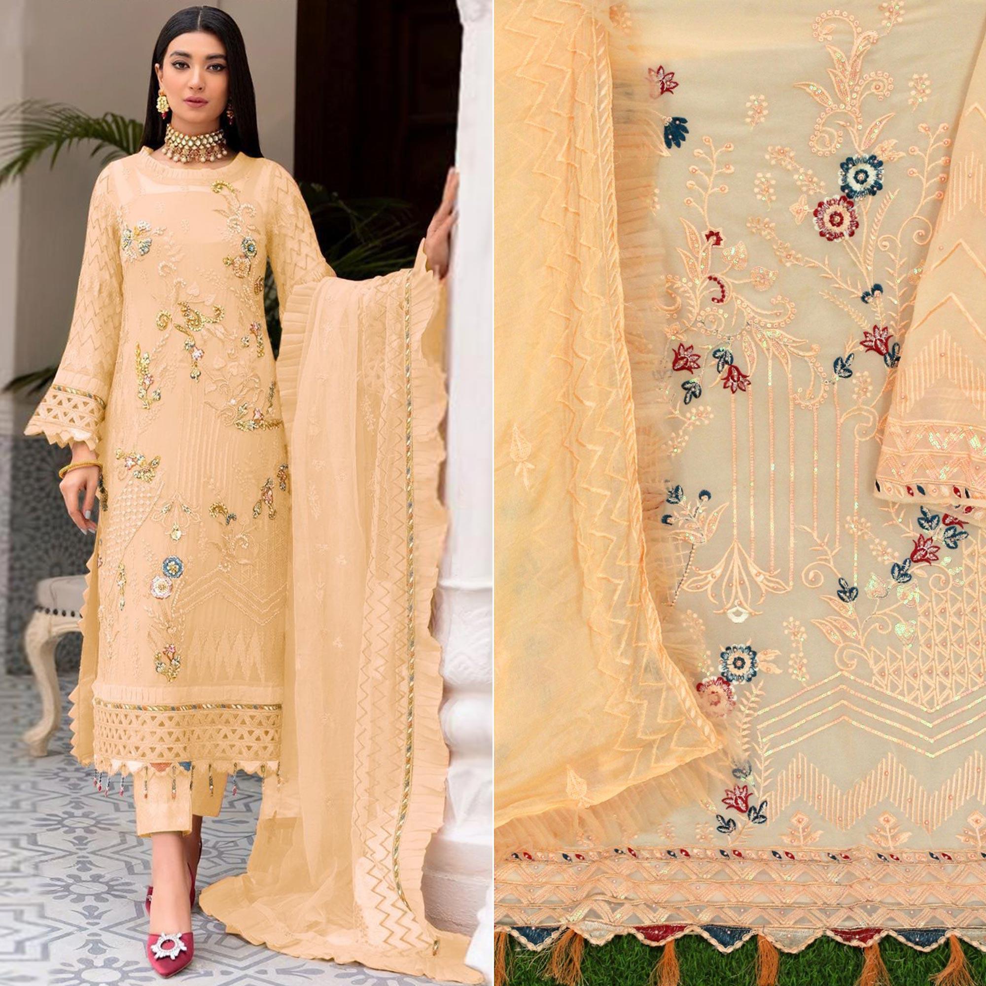 Peachmode Chikoo Floral Sequins Embroidered Work Georgette Pakistani Suit