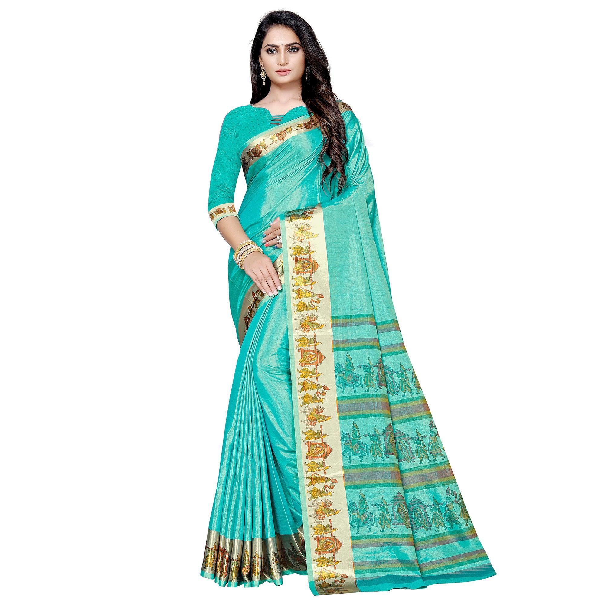 Peachmode Impressive Turquoise Green Colored Casual Printed Art Silk Saree