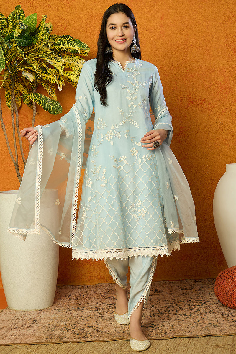 Ahika Blue Organza Solid Embroidered A-Line Dhoti Style Suit Set PKSKD2440