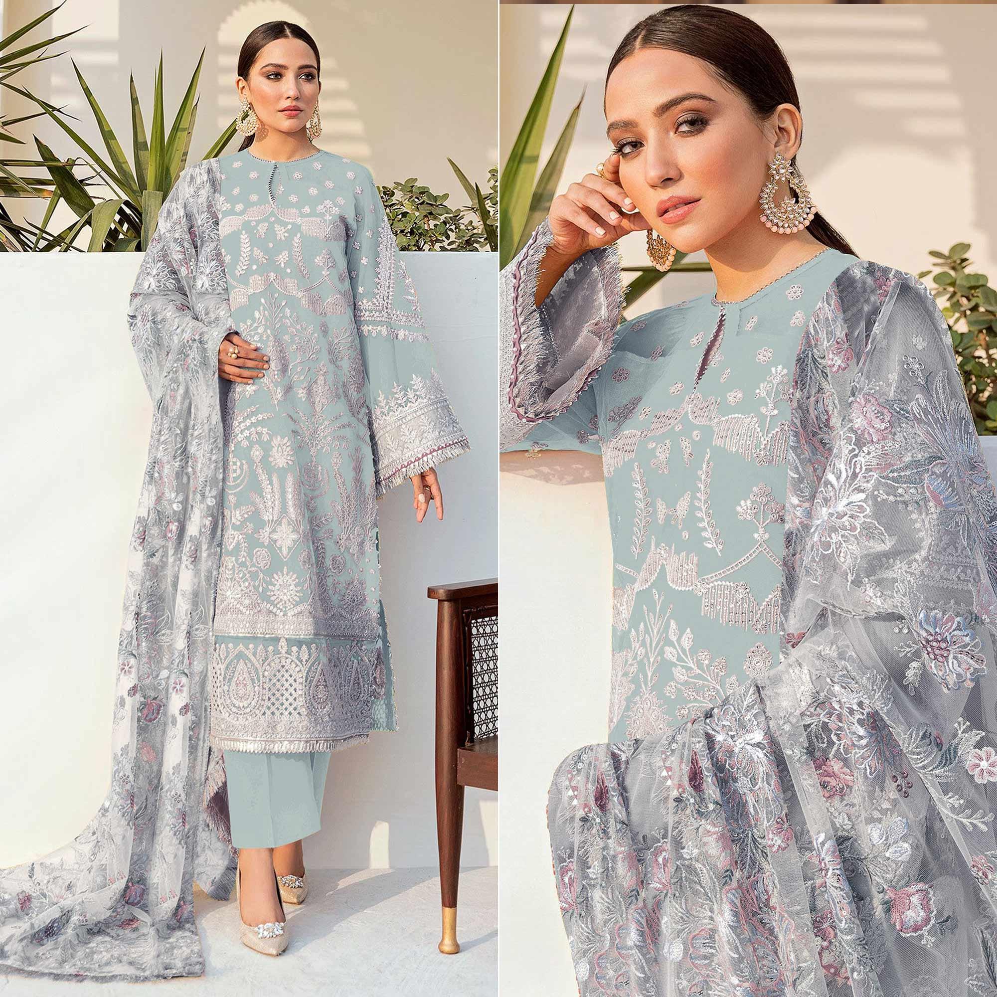 Peachmode Light Blue Embroidered With Embellished Georgette Pakistani Suit