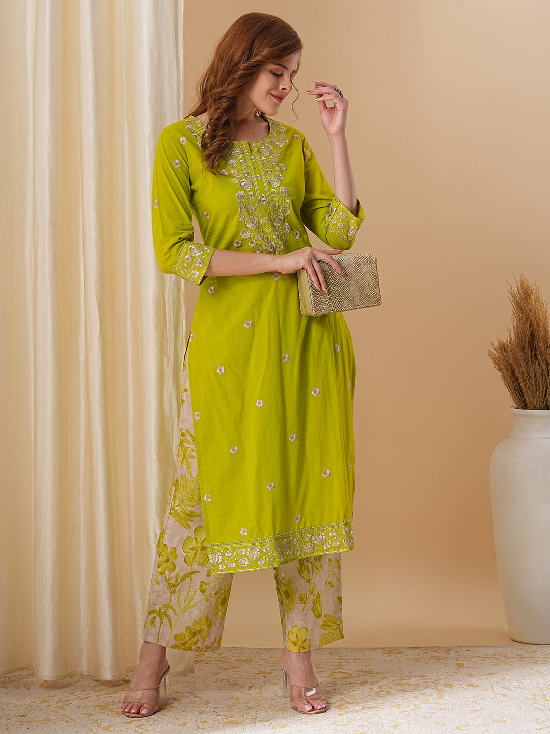 FASHOR Floral Embroidered Solid Straight Fit Kurta with Printed Palazzo - Lime Green