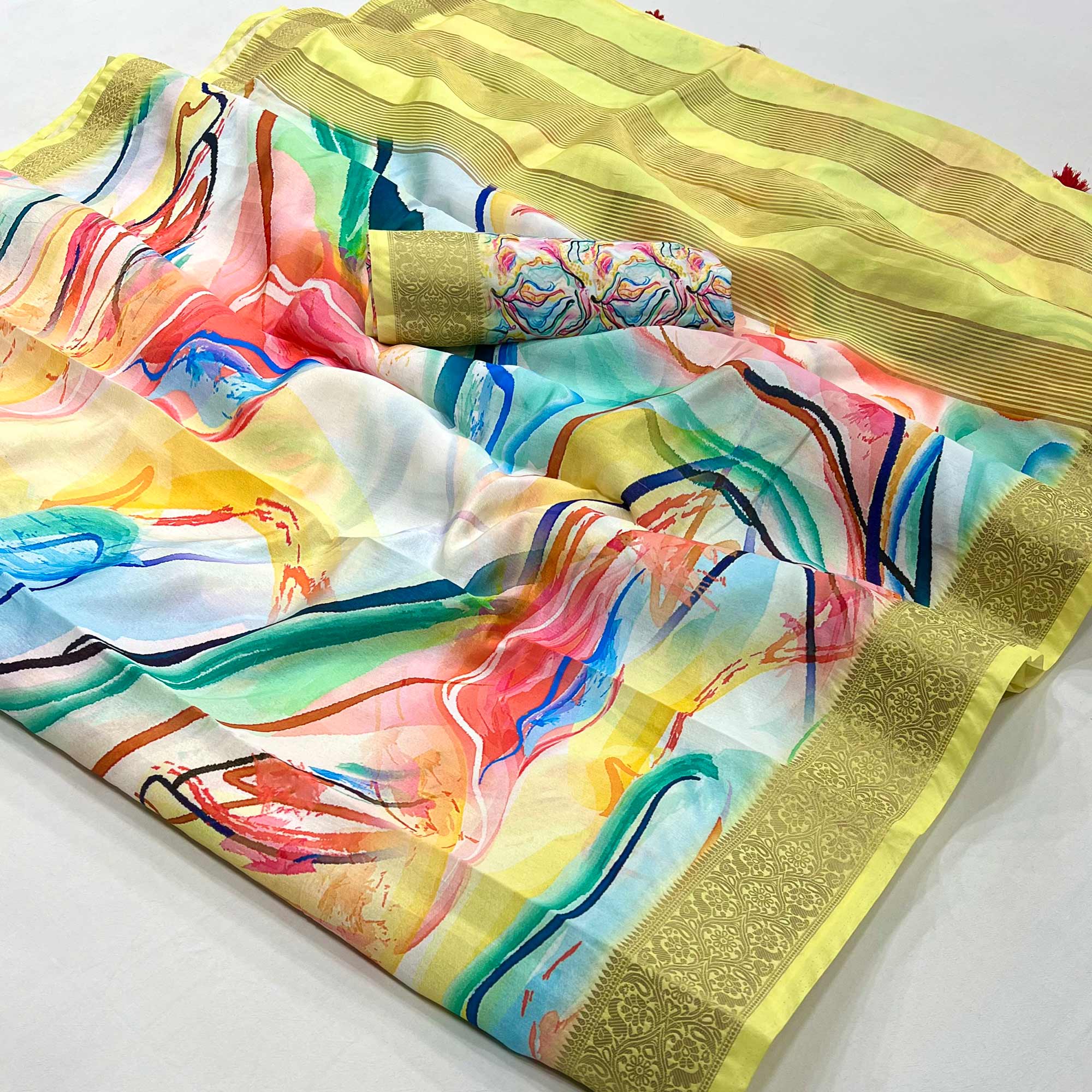 Peachmode Lemon Yellow Digital Printed Dola Silk Saree With Woven Border