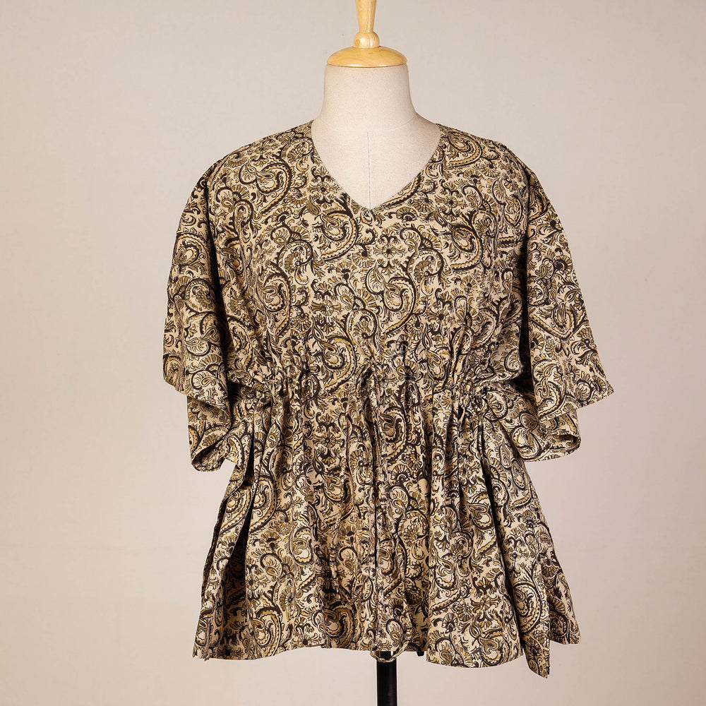CHUTNEY CRAFT STUDIO Beige - Block Print Cotton Kalamkari Kaftan with Tie-Up Waist (Short)