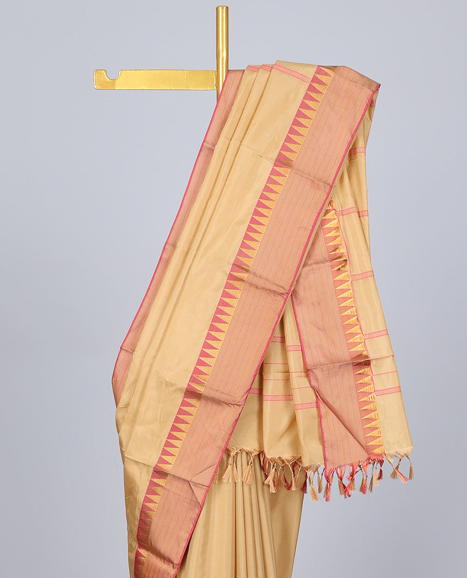 Pothys Sandal aarani gift saree, contrast temple border & pallu of stripes - view 2