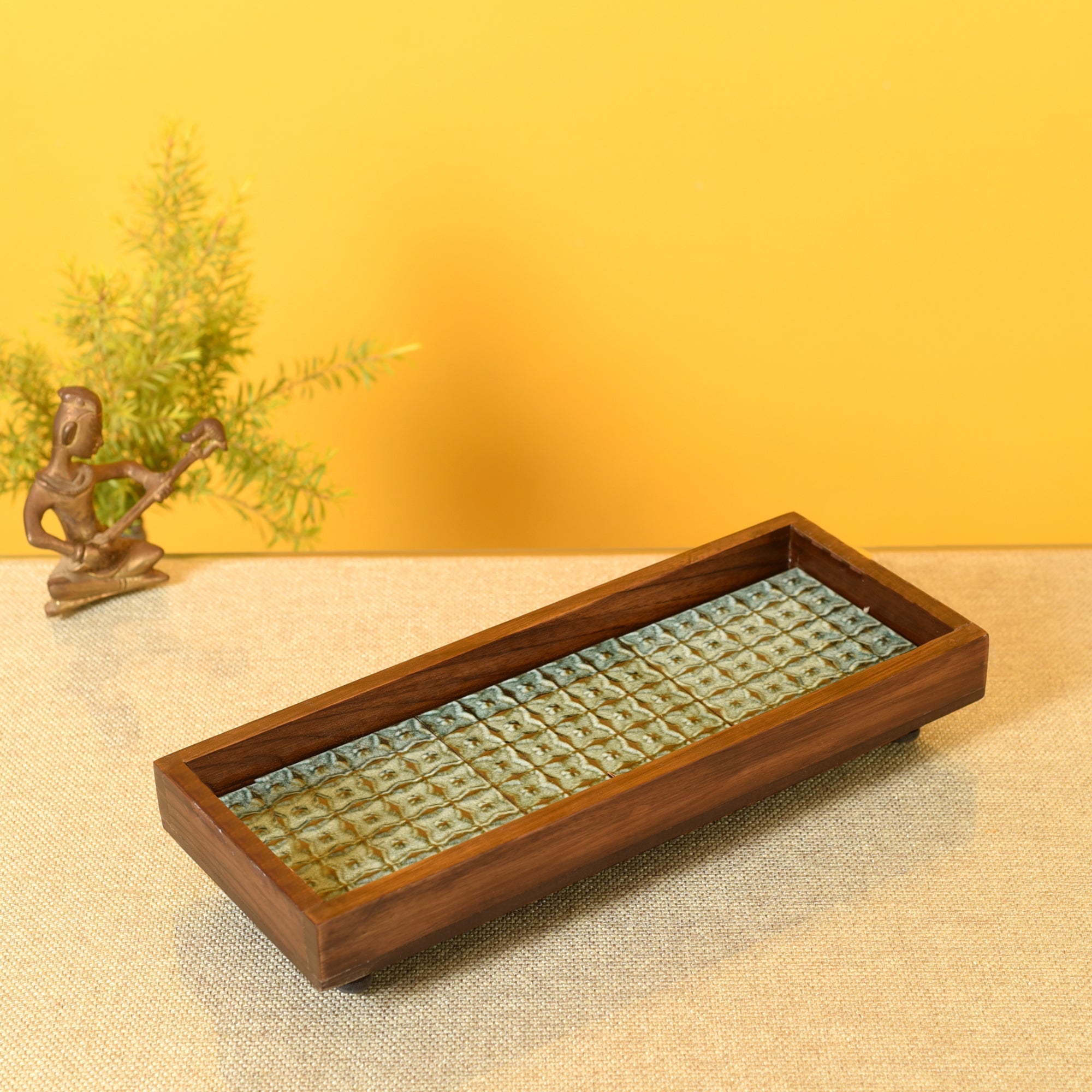 ART CREATIONS BY SUMAN SONTHALIA Brown - Mango Wood Handcrafted Jade Mosaic Rectangular Tray (12.5 x 5 in)