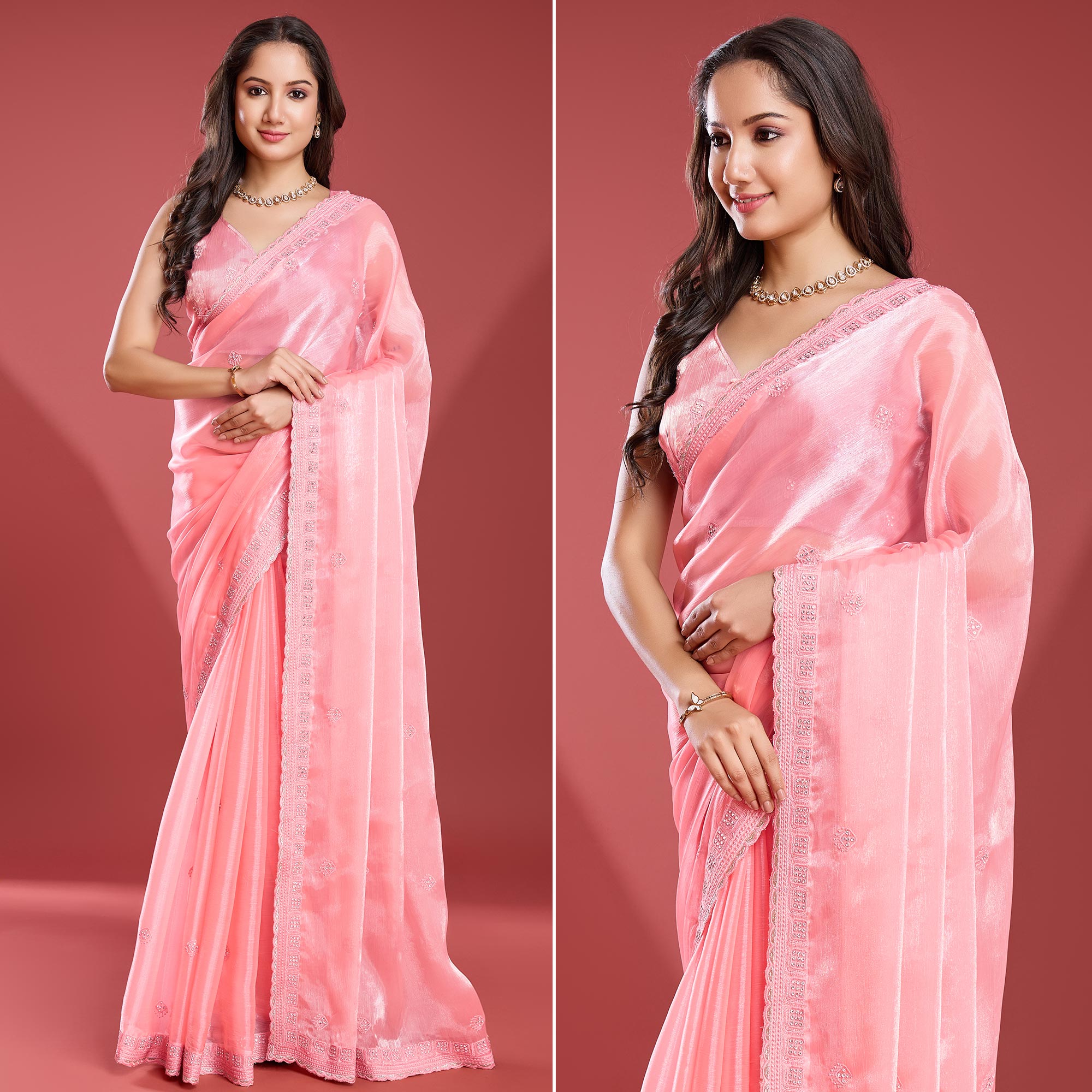 Peachmode Peach Embroidered Work Tissue Saree