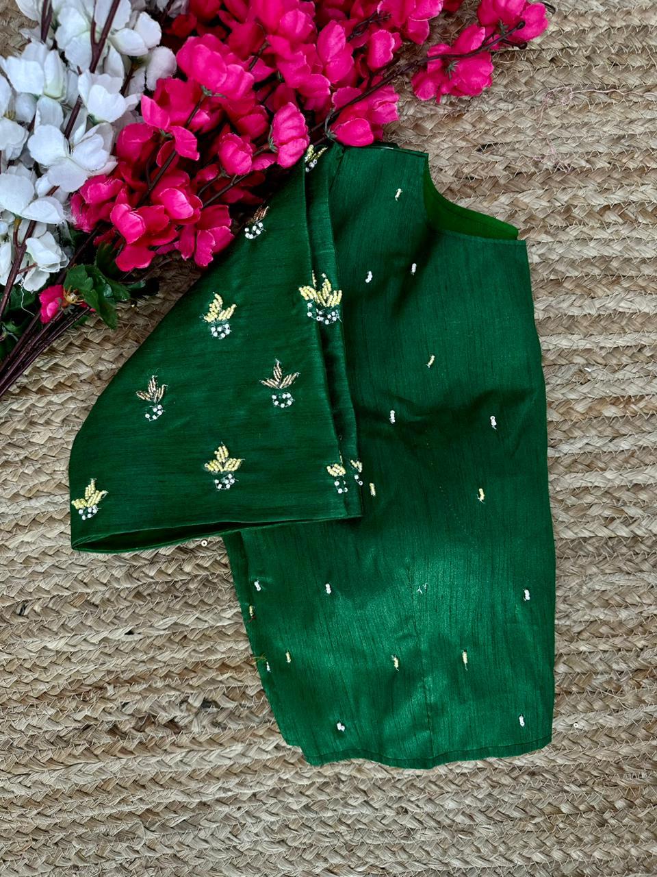 ClothsVilla Green Pearl-Embellished german silk Blouse with Handcrafted Golden Work - view 2