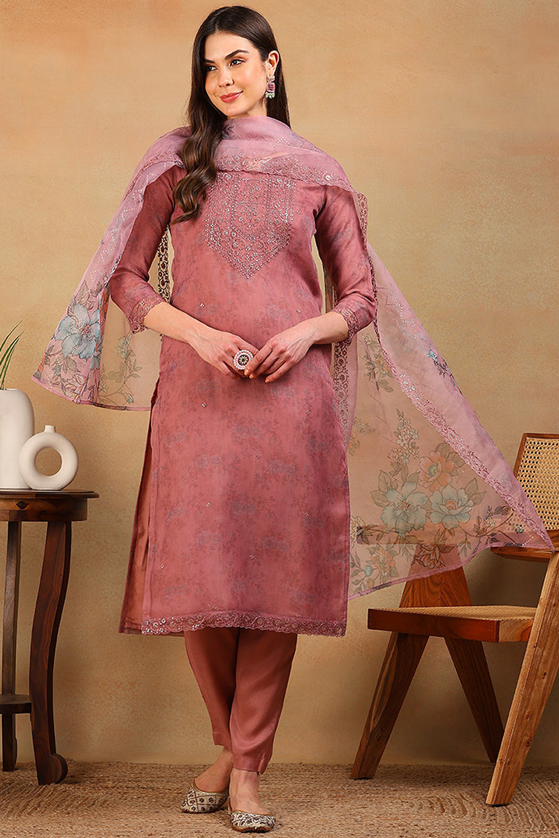 Ahika Mauve Organza Floral Embroidered Straight Regular Suit Set PKSKD2313