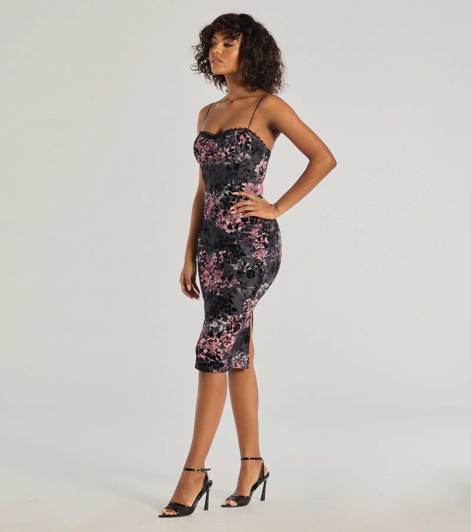 Windsor Flawless Look Flocked Floral Mesh Bodycon Midi Dress - view 4