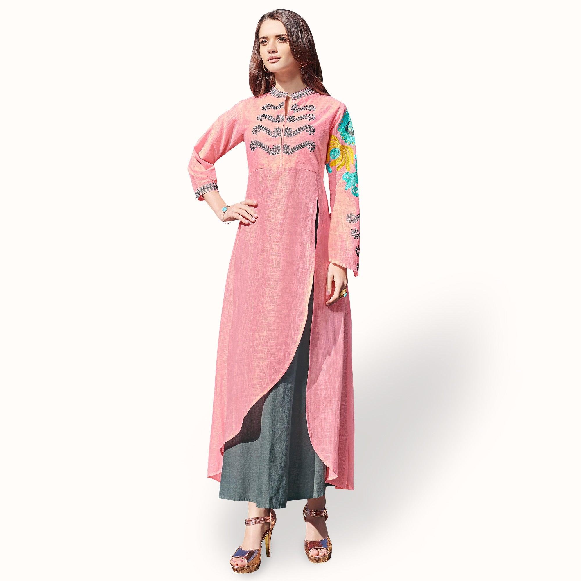 Peachmode Seller Elegant Pink-Gray Colored Partywear Embroidered Rayon Kurti