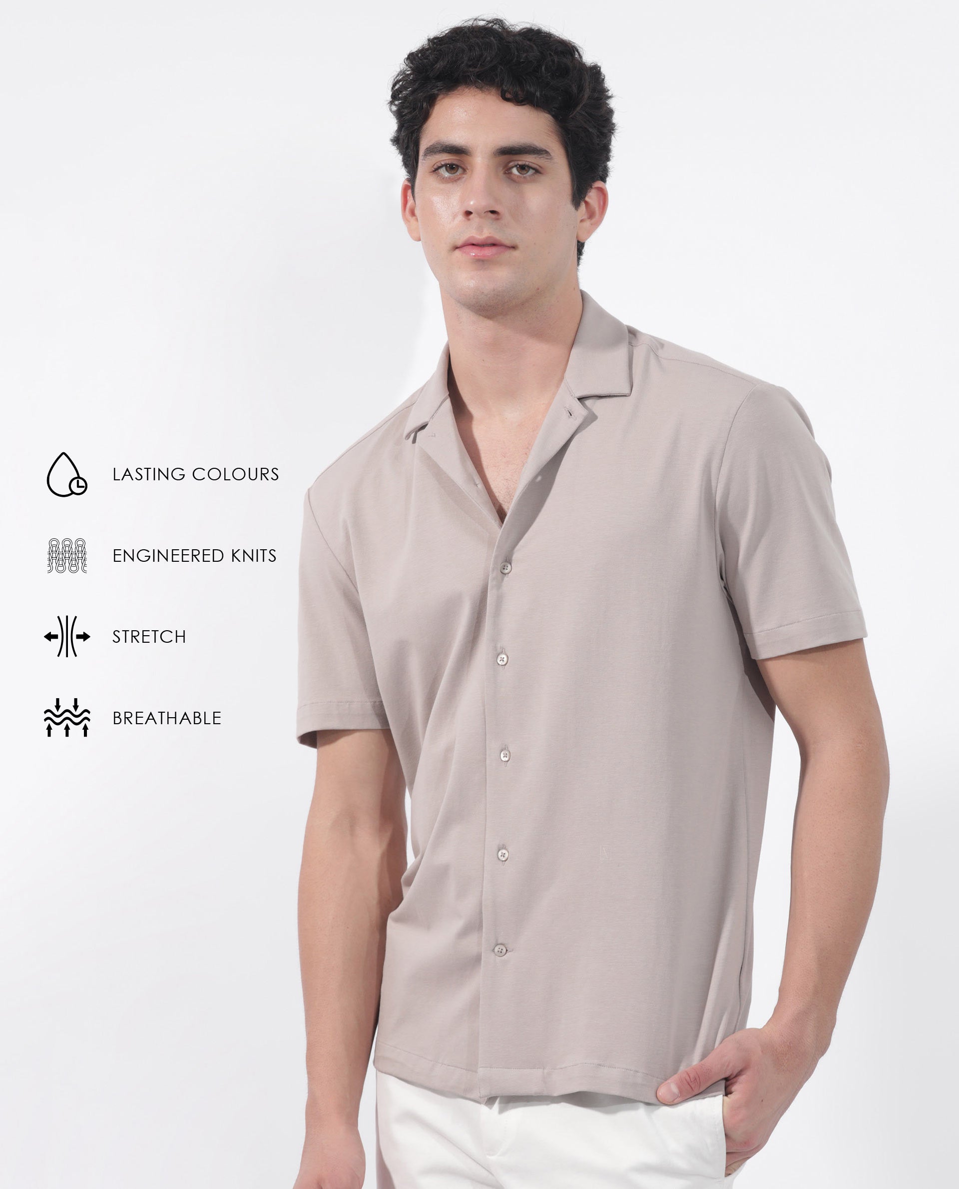 ARTICALE Rare Rabbit Men's Nick Beige Cotton Lycra Fabric Cuban Collar Half Sleeves Solid Shirt