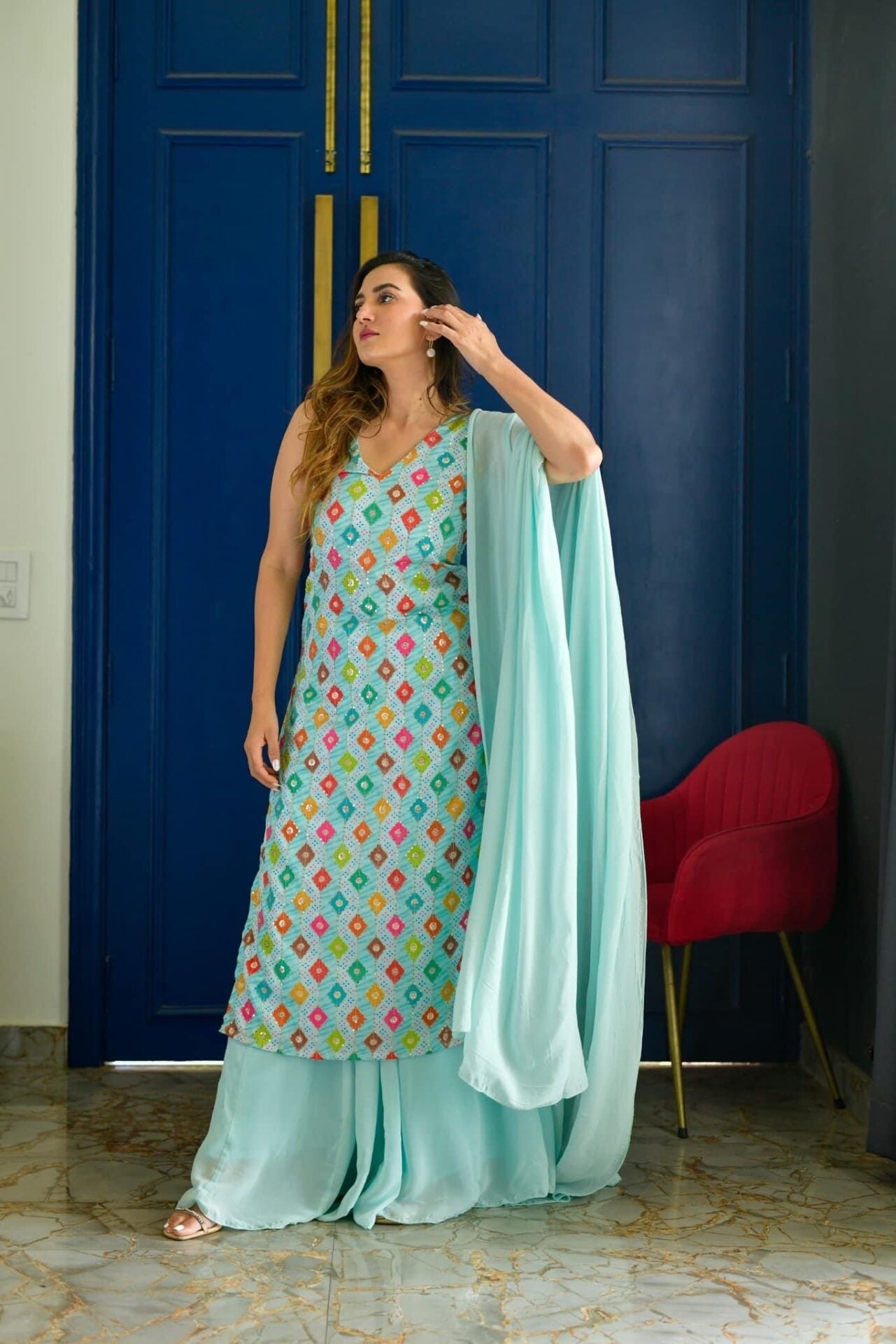 Idaho-o Light Blue Embroidered Kurta Palazzo Set - view 2