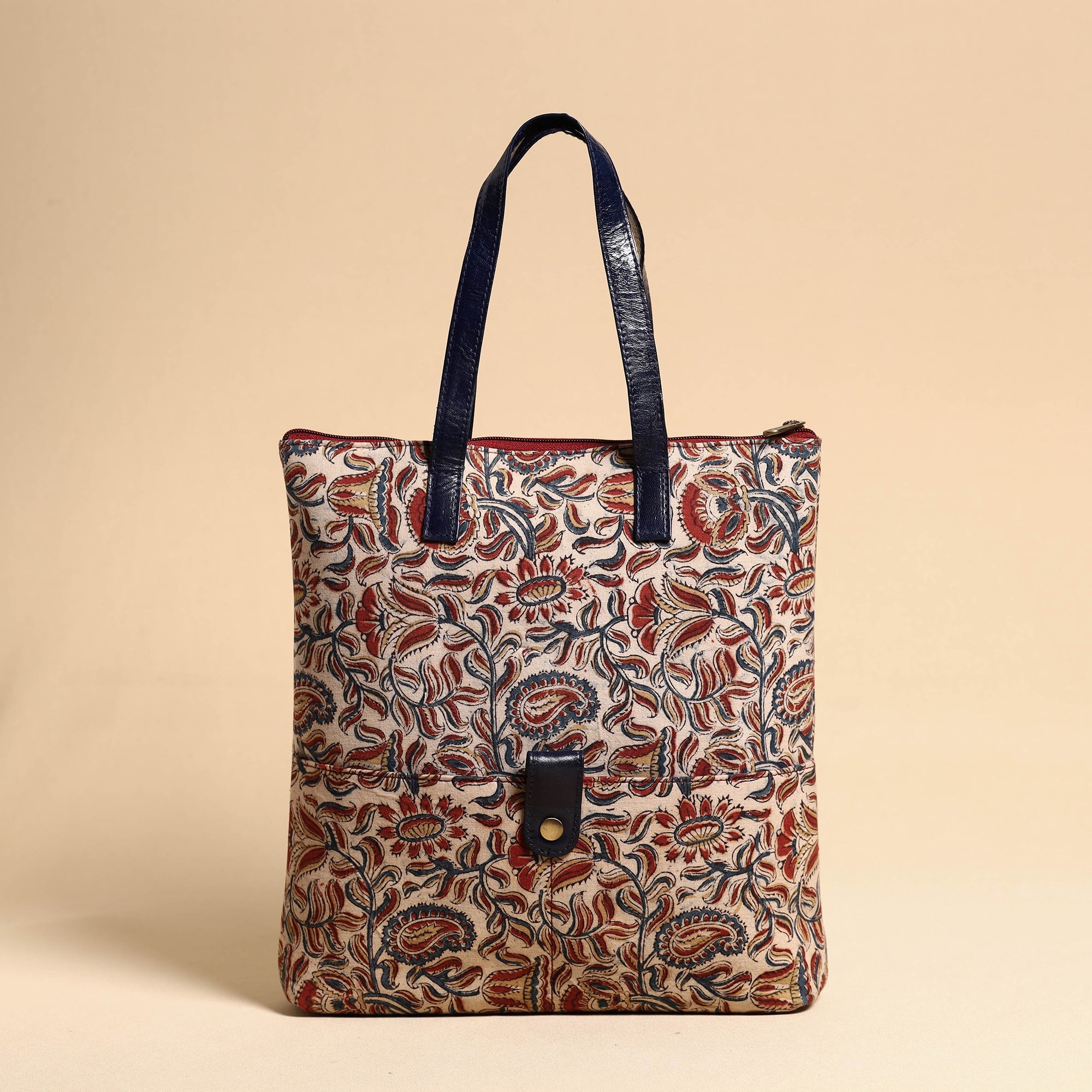 ASALKAAR Beige - Handcrafted Kalamkari Block Printed Hand Bag with Leather Handle