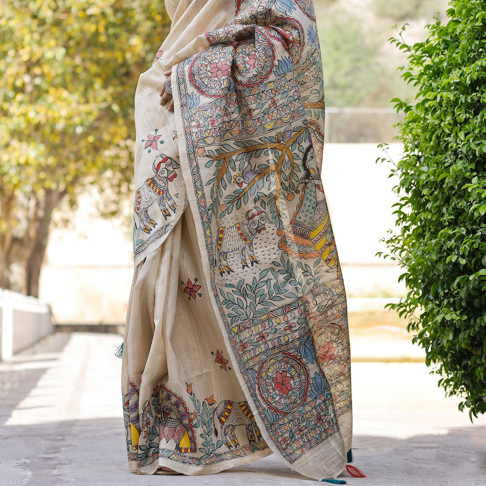 DIORAMA DESIGNS Beige - Madhubani Hand-Painted Krishna Raas Tussar Silk Saree - view 3