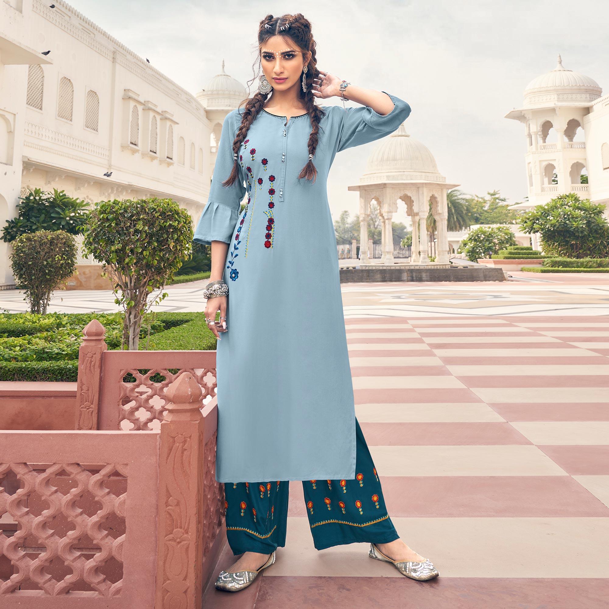 Peachmode Seller Light Blue Casual Wear Embroidered Heavy Rayon Kurti - Palazzo Set