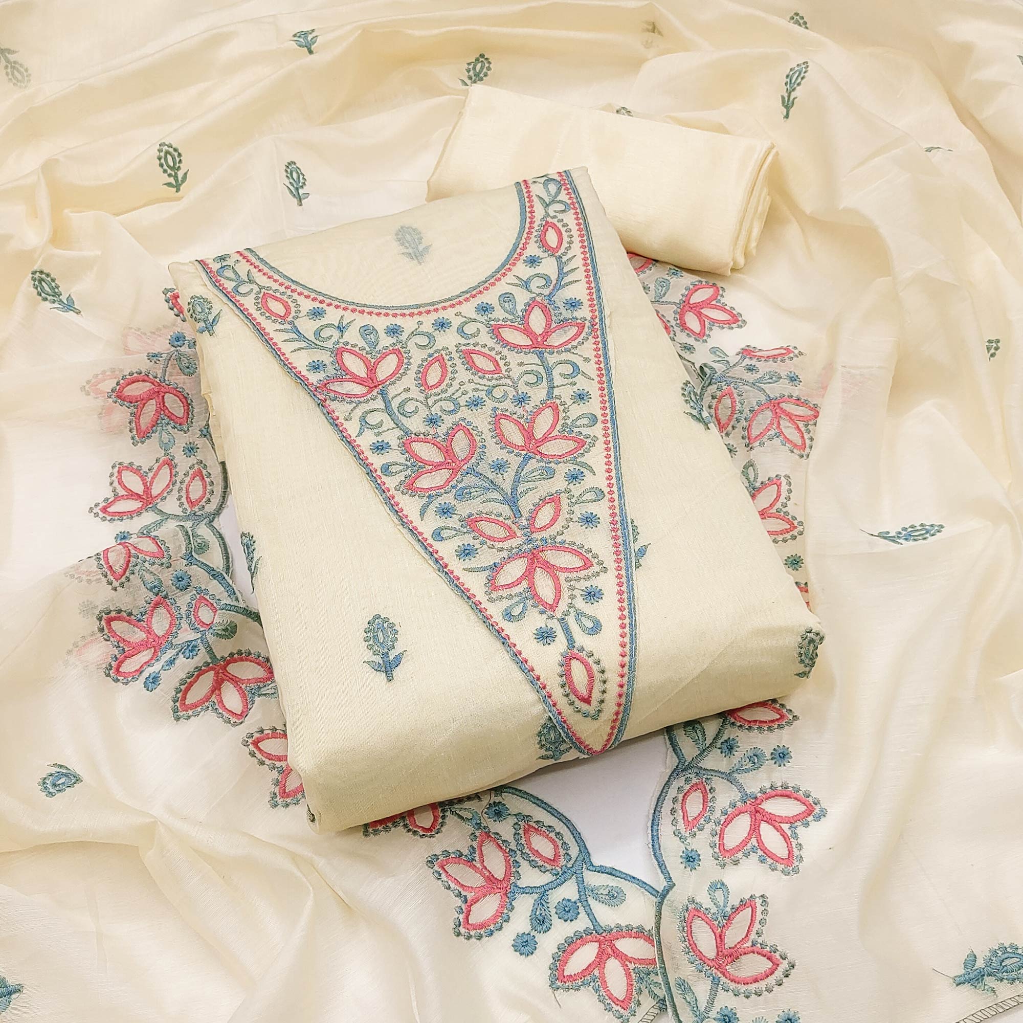 Peachmode Cream Floral Embroidered Chanderi Dress Material - view 3