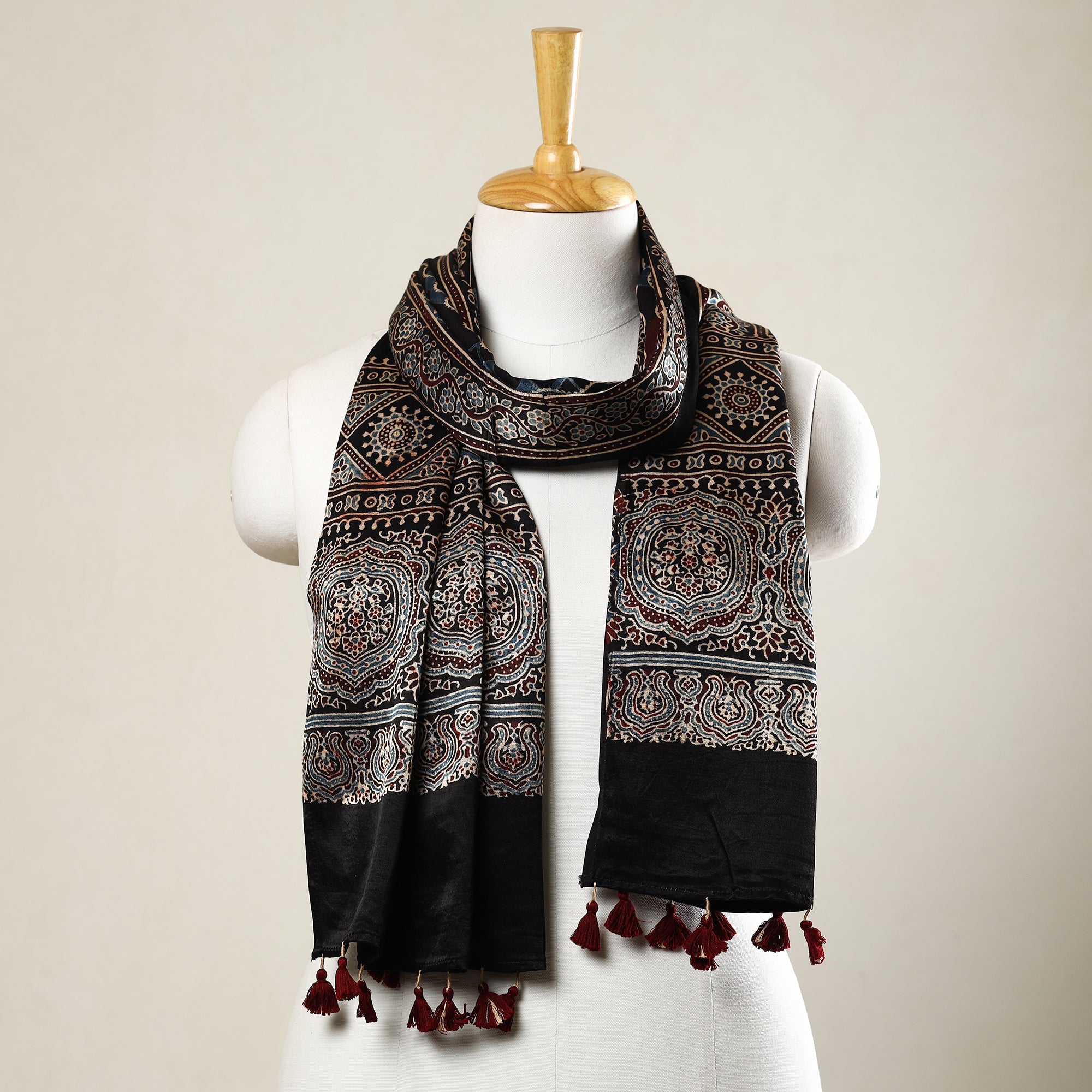 RIYAZ ABDULMAJID KHATRI - AJRAKH Black - Ajrakh Block Printed Mashru Silk Stole with Tassels