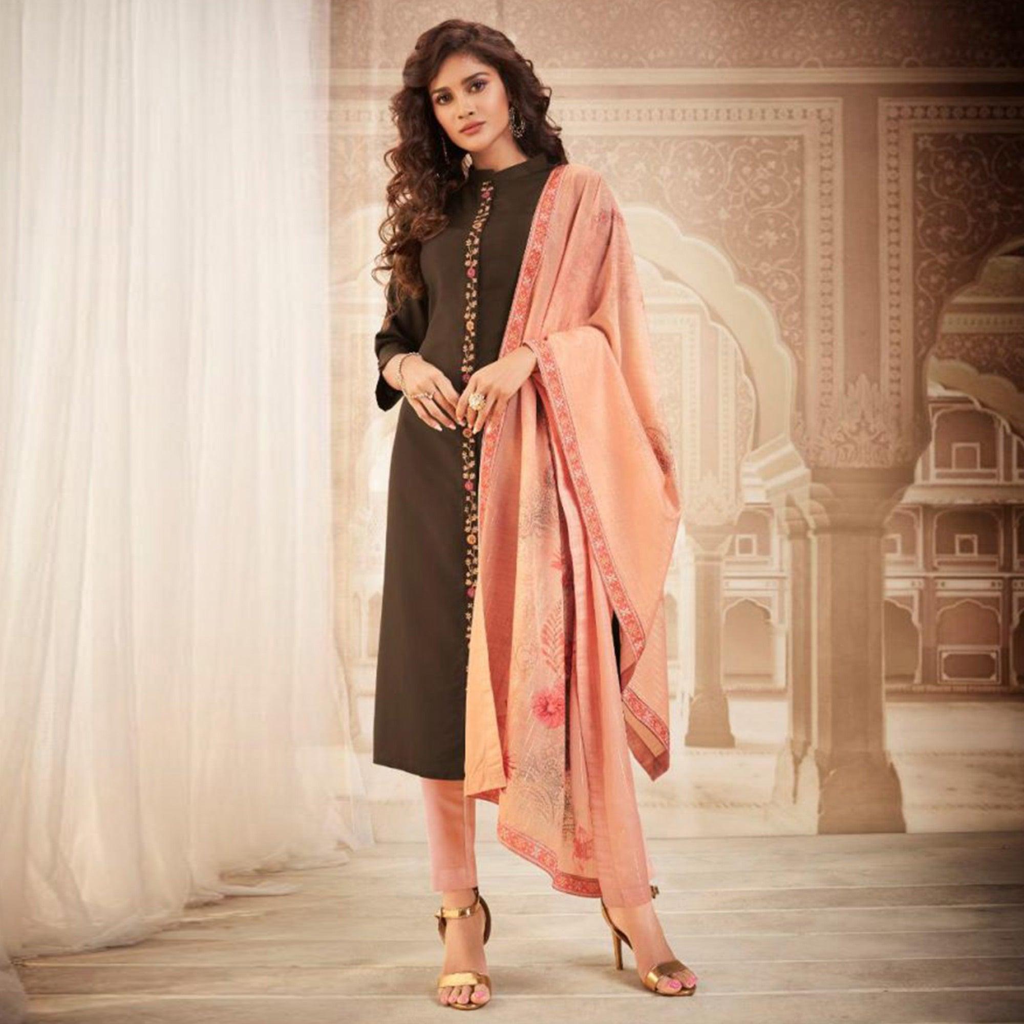 Peachmode Seller Exceptional Brown Colored Partywear Embroidered Heavy Muslin Salwar Suit