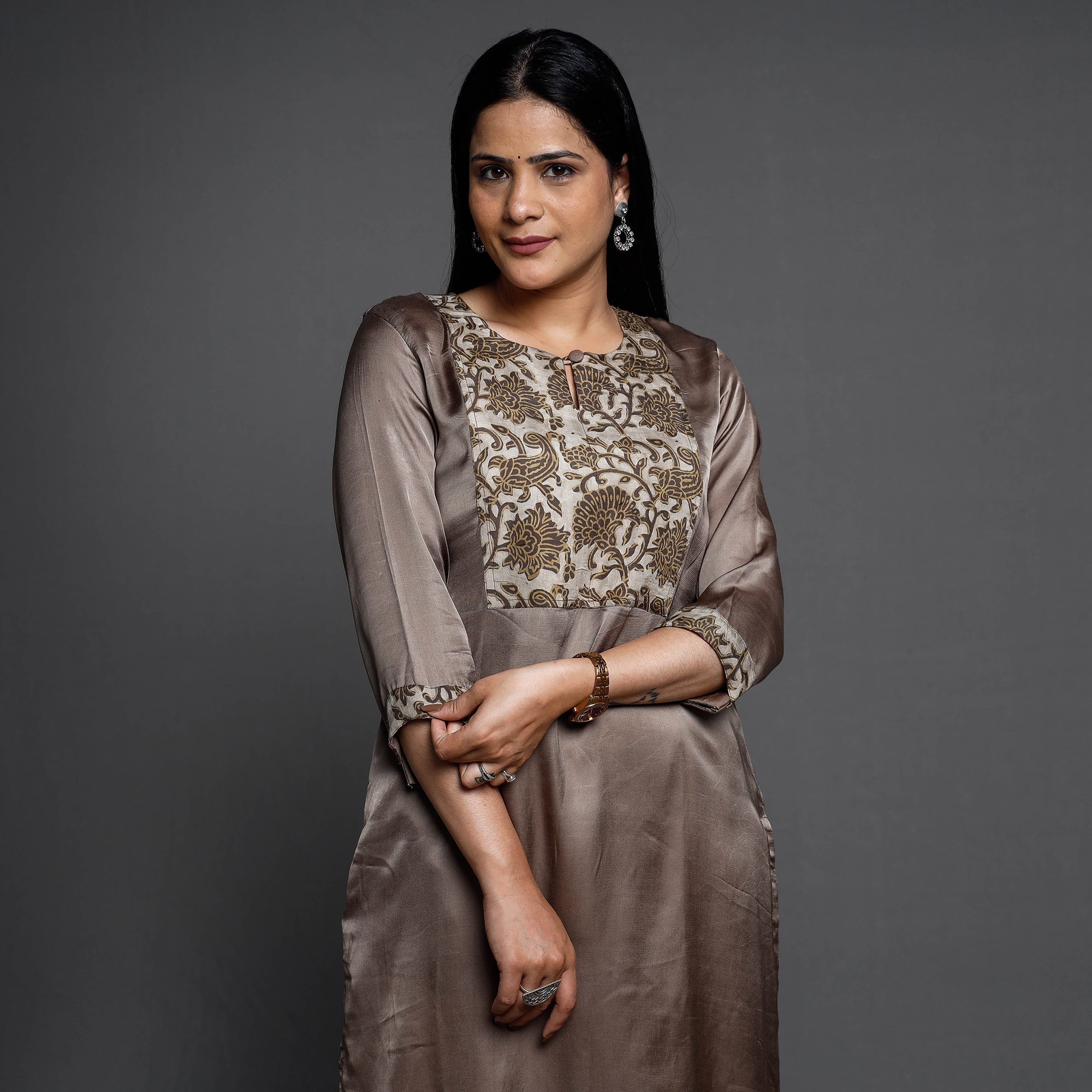 ITOKRI CASUALS Brown - Modal Silk Plain Long Straight Kurta