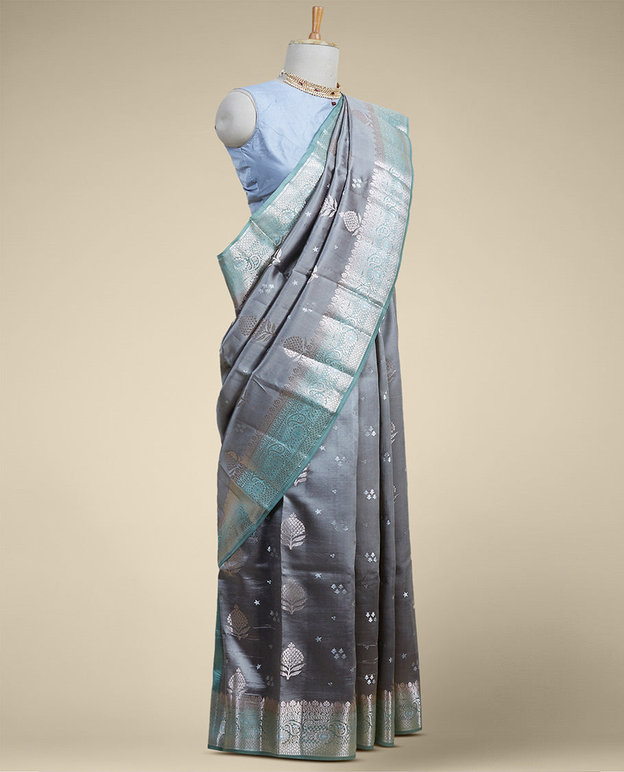 Pothys Gery floral motifs dupion silk saree with contrast intricate zari border - view 2