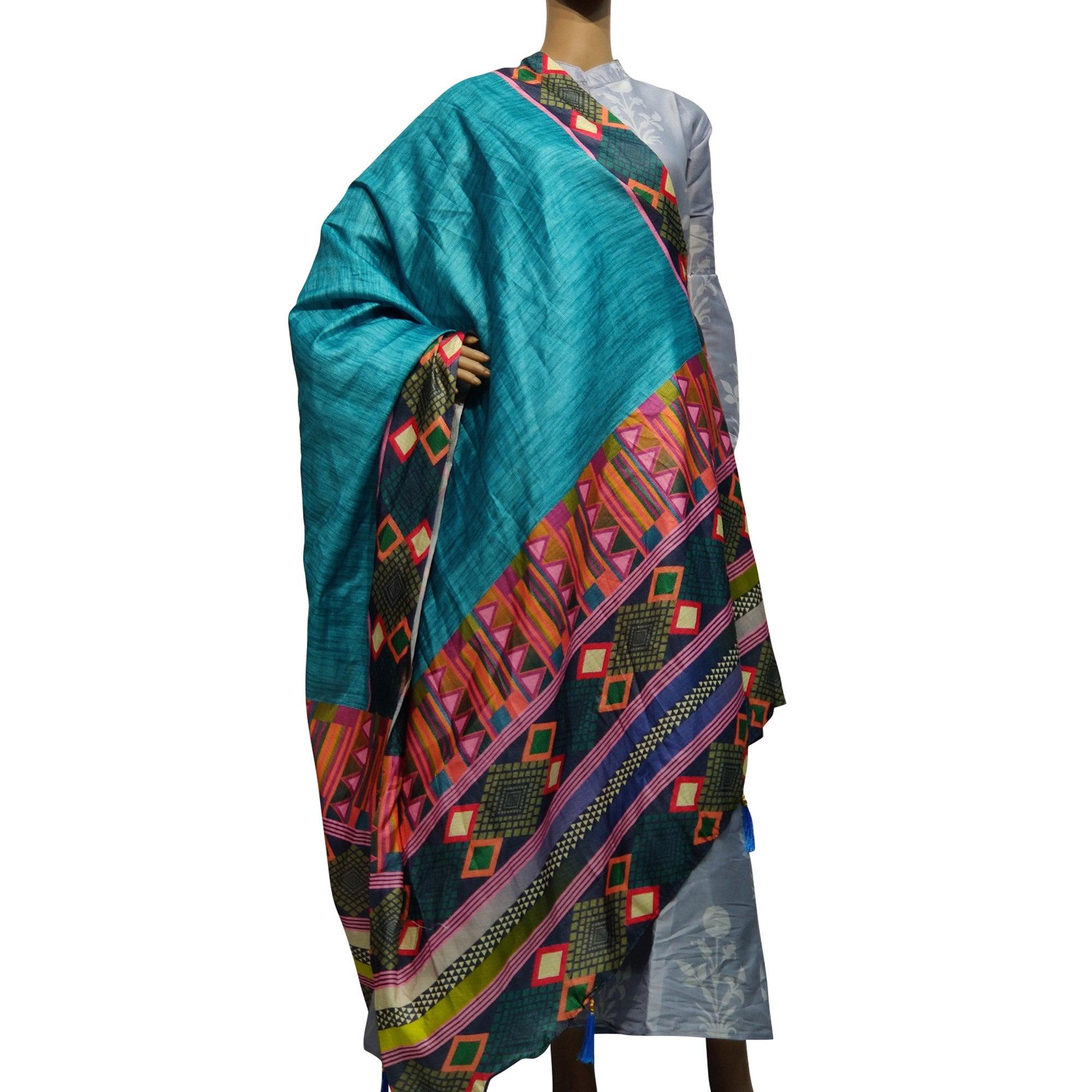 Peachmode Seller Delightful Blue-Multi Colored Casual Wear Printed Cotton Silk Dupatta With Tassels