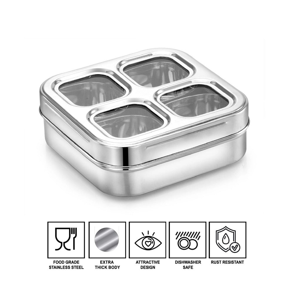 AVIAS Square Stainless Steel Dry Fruit cum Spice box with See-Through Lid | 4 Compartments and 1 Spoon | Silver - view 4