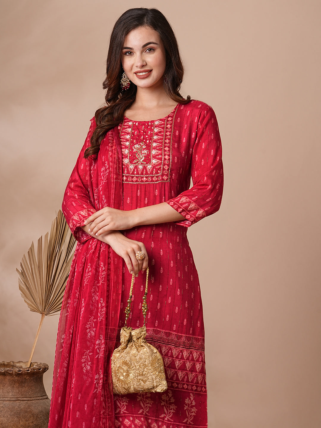 FASHOR Ethnic Printed & Hand Embroidered Straight Fit Kurta with Pant & Dupatta - Red - view 2