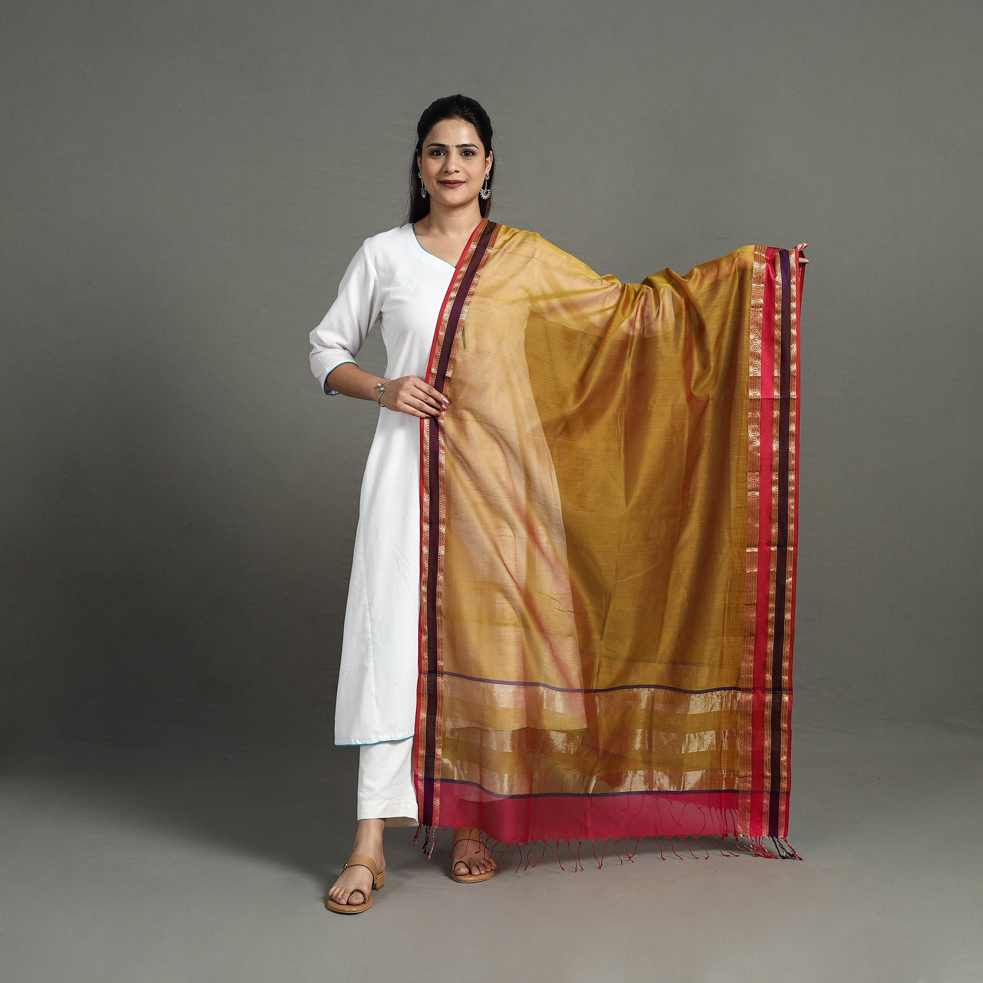 ITOKRI CRAFTS INITIATIVE Brown - Handloom Silk Cotton Resham Border Maheshwari Dupatta 23