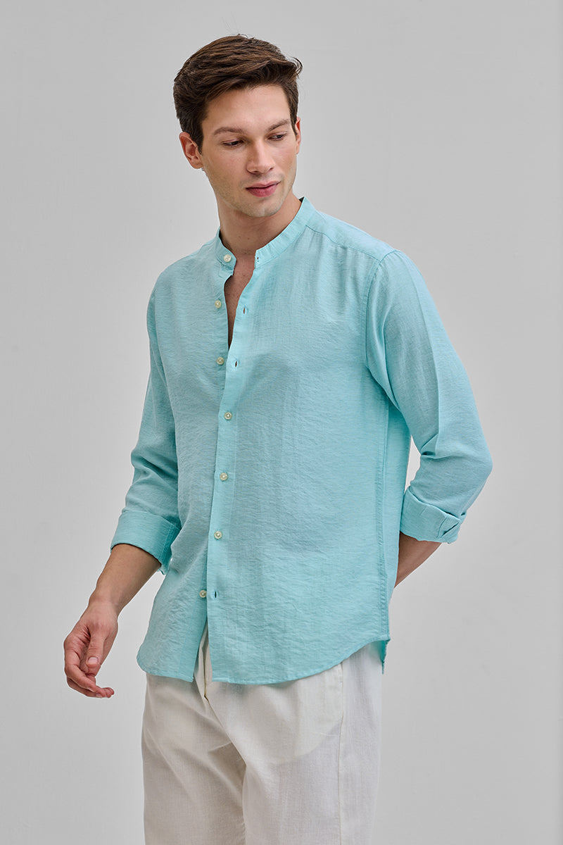 SNITCH Light Blue Mandarin Linen Blend Shirt