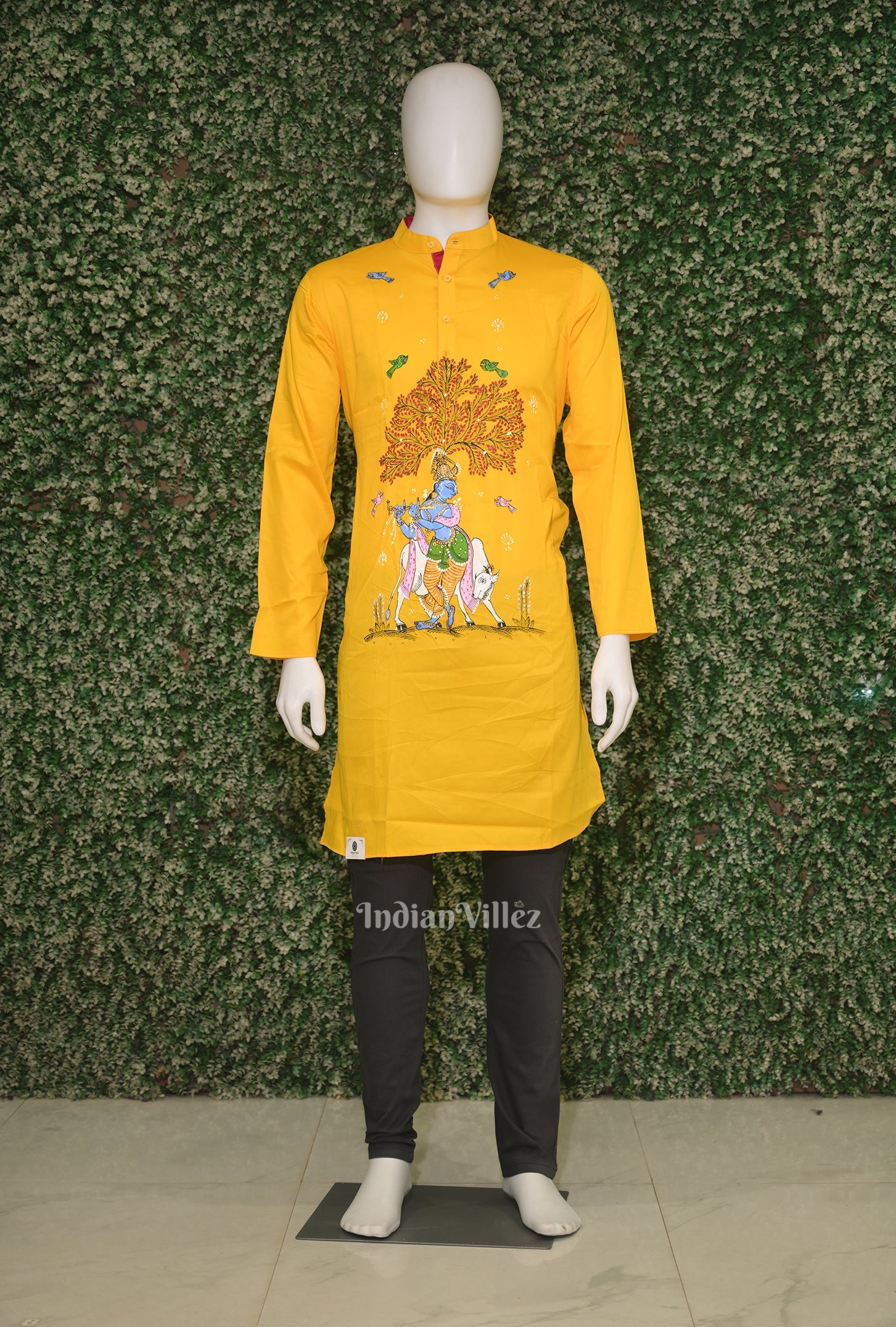 IndianVillèz Yellow Krishna Theme Hand-Painted Pattachitra Kurta