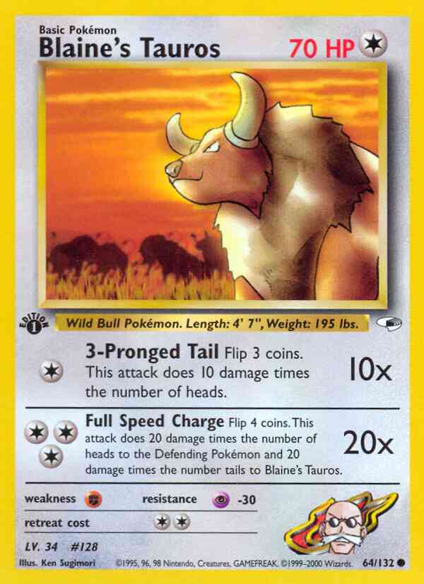 1st edition gym1-64 – Pokémon Blaine's Tauros - 64/132 - Common - 1st Edition [gym1-64] [Non-Holo]