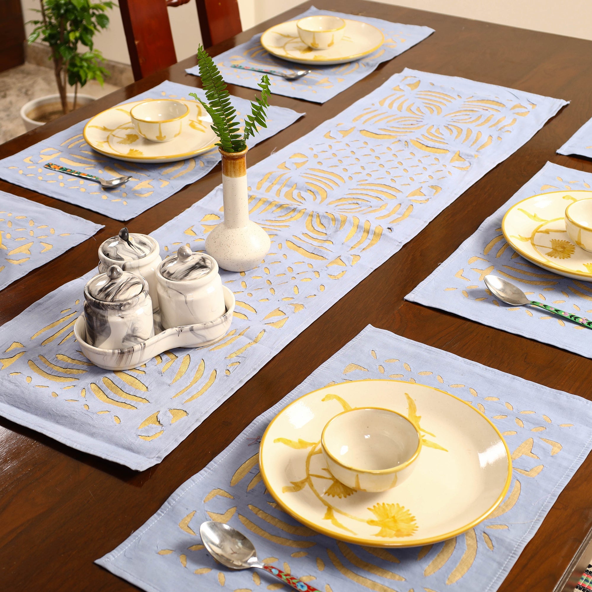 SHADES OF MARUDHARA Blue - Applique Cut Work Table Runner with Table Mat Set 10 - view 2