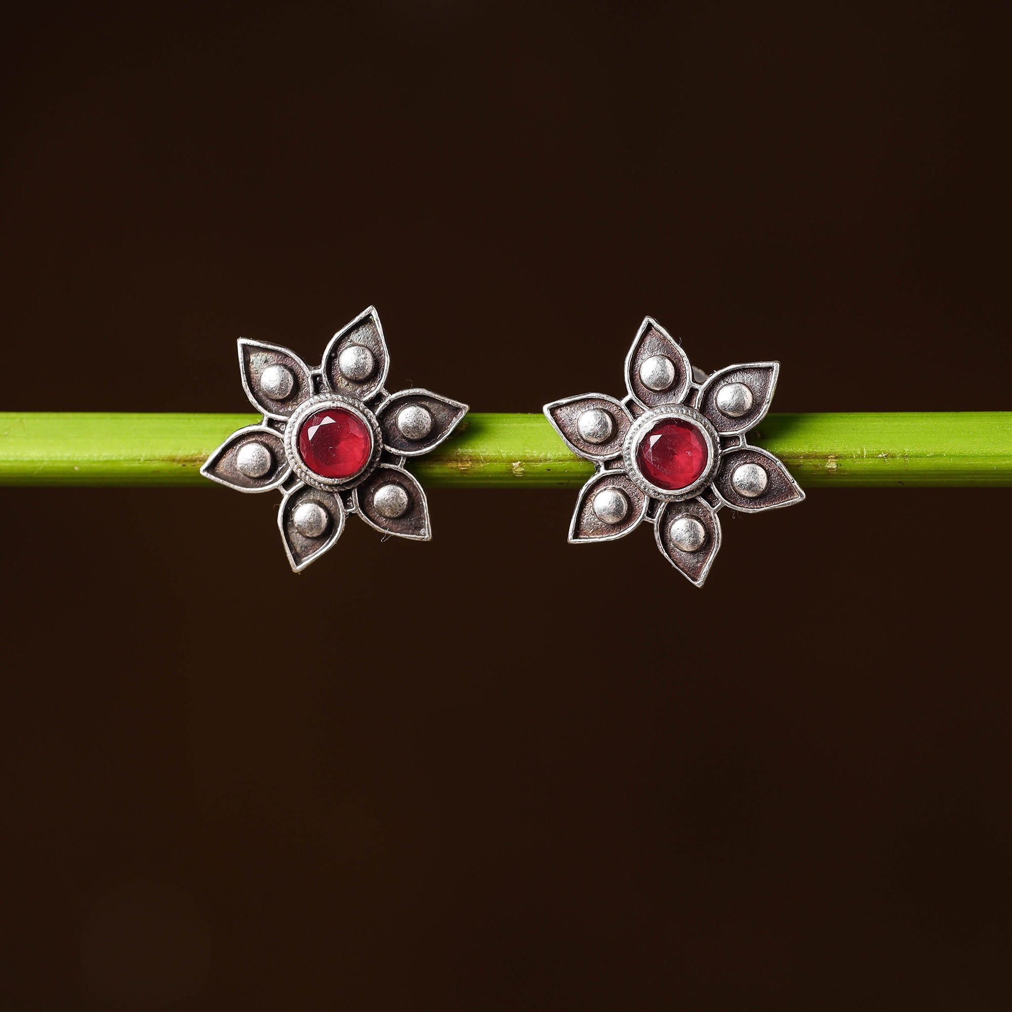 WHITE RIVER STORIES Antique Silver Finish Oxidised Brass Base Stone Work Stud Earrings