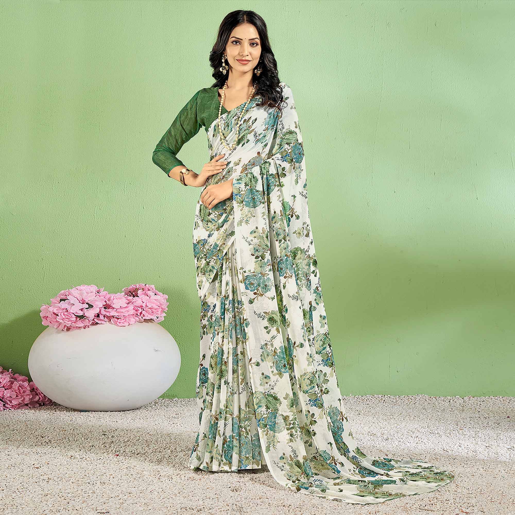 Green sarees – BlackTree green-floral-printed-chiffon-saree-7