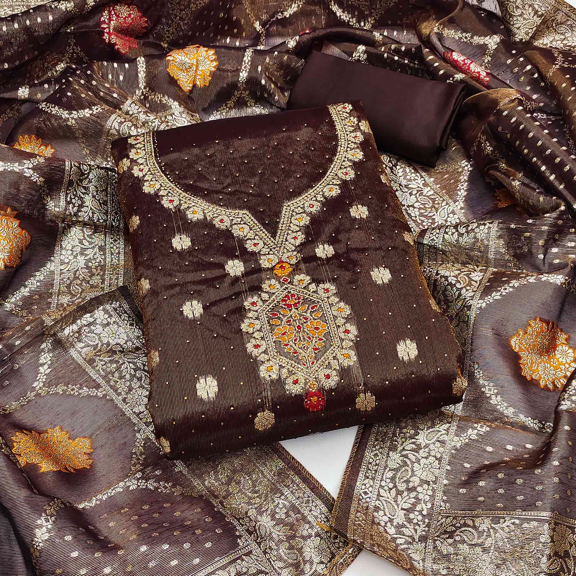 Peachmode Dark Brown Woven With Stonework Shimmer Jacquard Dress Material
