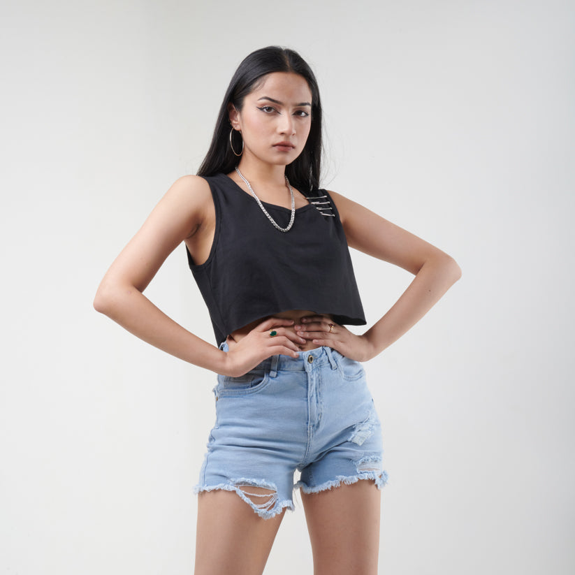Baddie Ripped and Safety Pin Crop Tee – Black - view 4