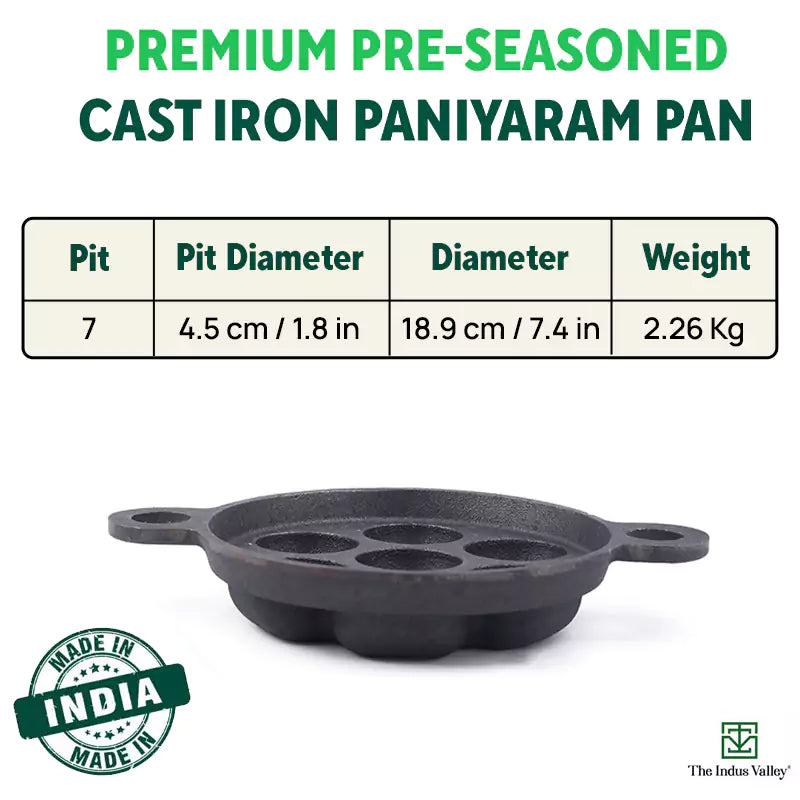The Indus Valley Super Smooth 7 Pit/Cup Cast Iron Paniyaram/Appe Pan+ Free Spatula, Pre-seasoned, Natural Nonstick, 100% Pure, Toxin-free, 18.9cm, 2.2 - view 3